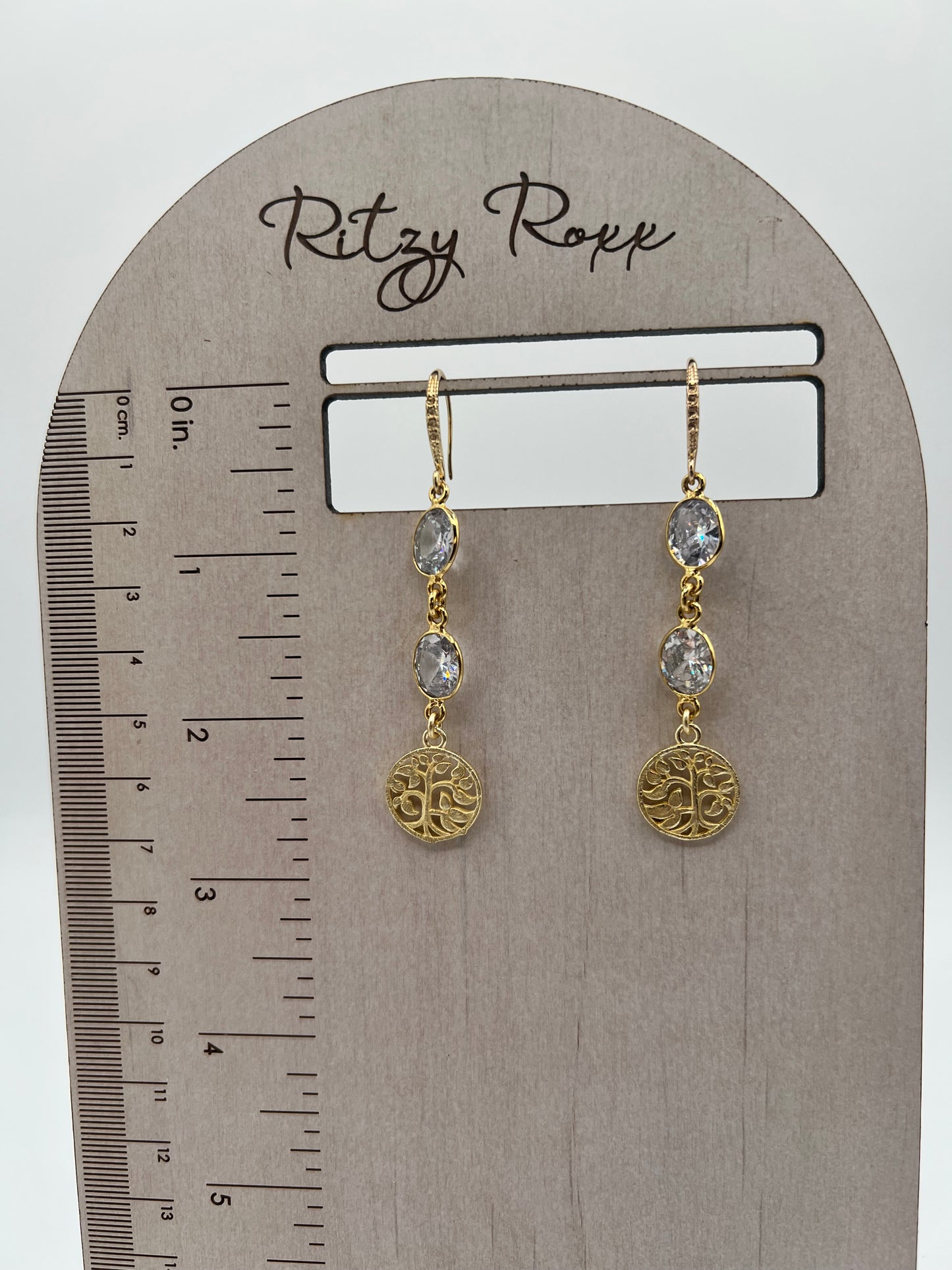 Gold Gemstone Earring wih 2 CZs and Brushed Gold Tree of Life Charm