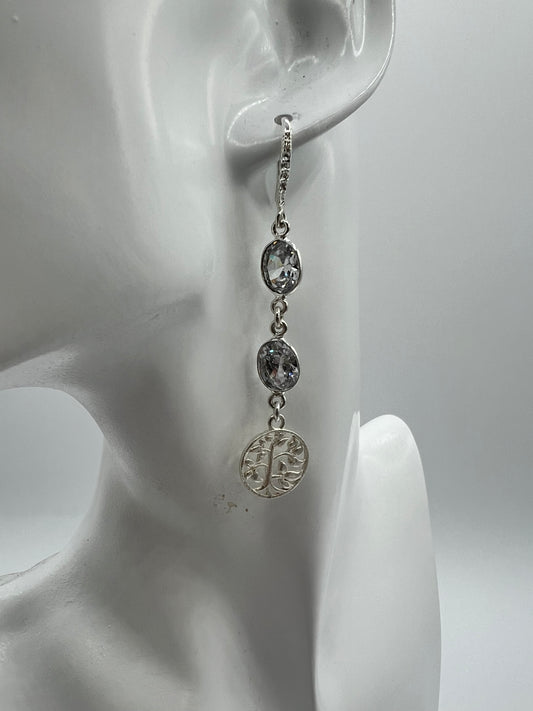 Silver Gemstone Earring CZs and Brushed Silver Tree of Life Charm.