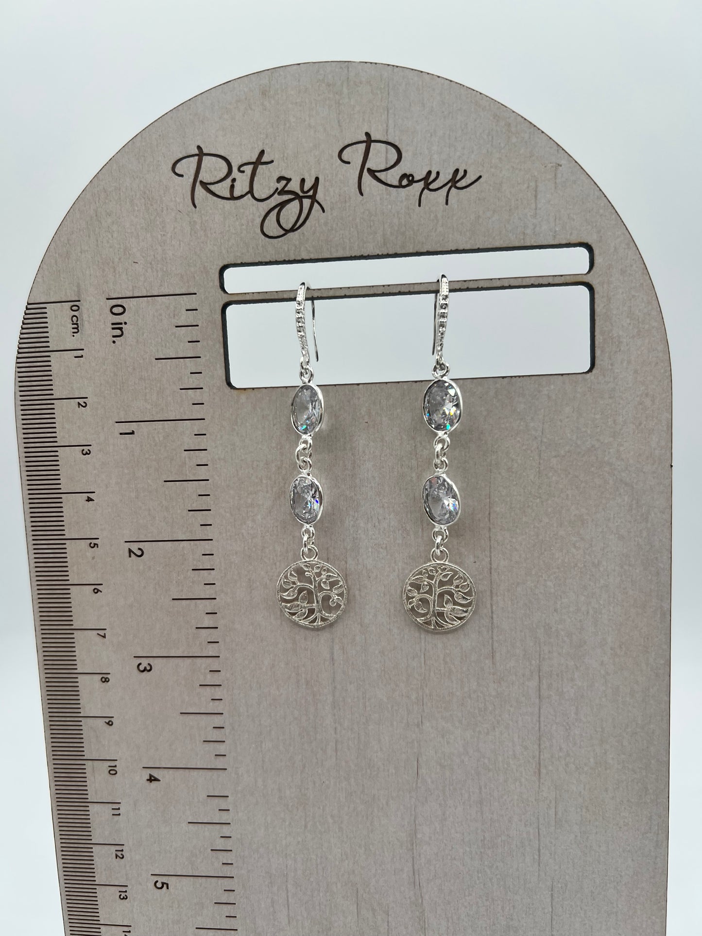 Silver Gemstone Earring CZs and Brushed Silver Tree of Life Charm.