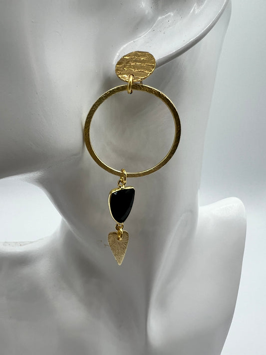 Gold Hoop Post Earring with Black Onyx Trillion