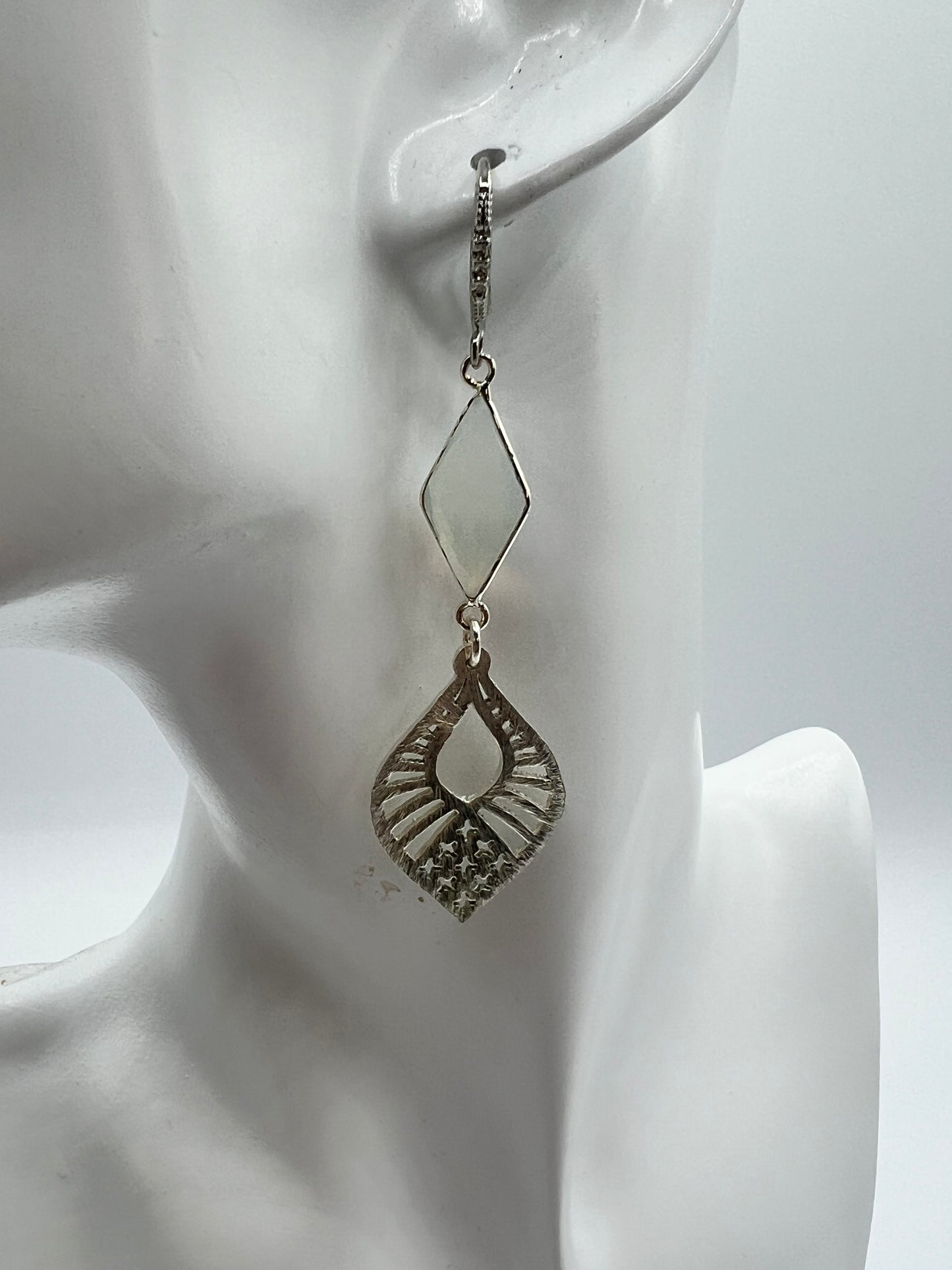Silver Gemstone Earring with Opalite Rhombus and Marquise Filigree Charm