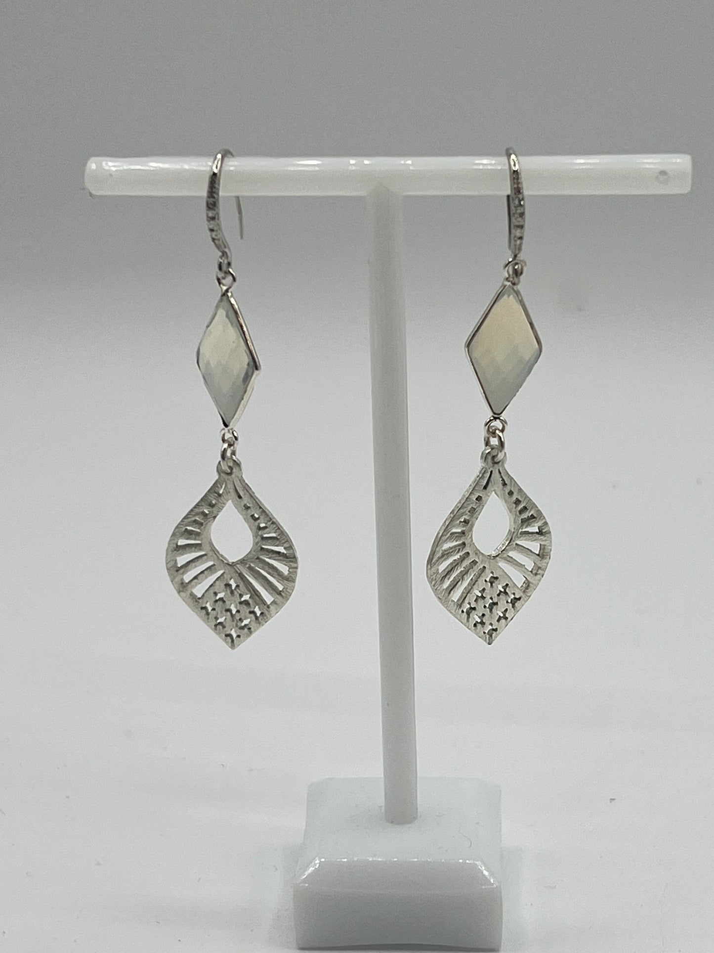 Silver Gemstone Earring with Opalite Rhombus and Marquise Filigree Charm