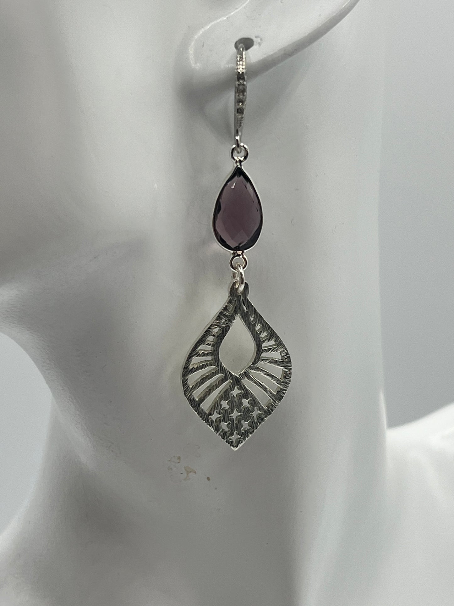 Silver Gemstone Earring with Amethyst Pear and Marquise Filigree Charm
