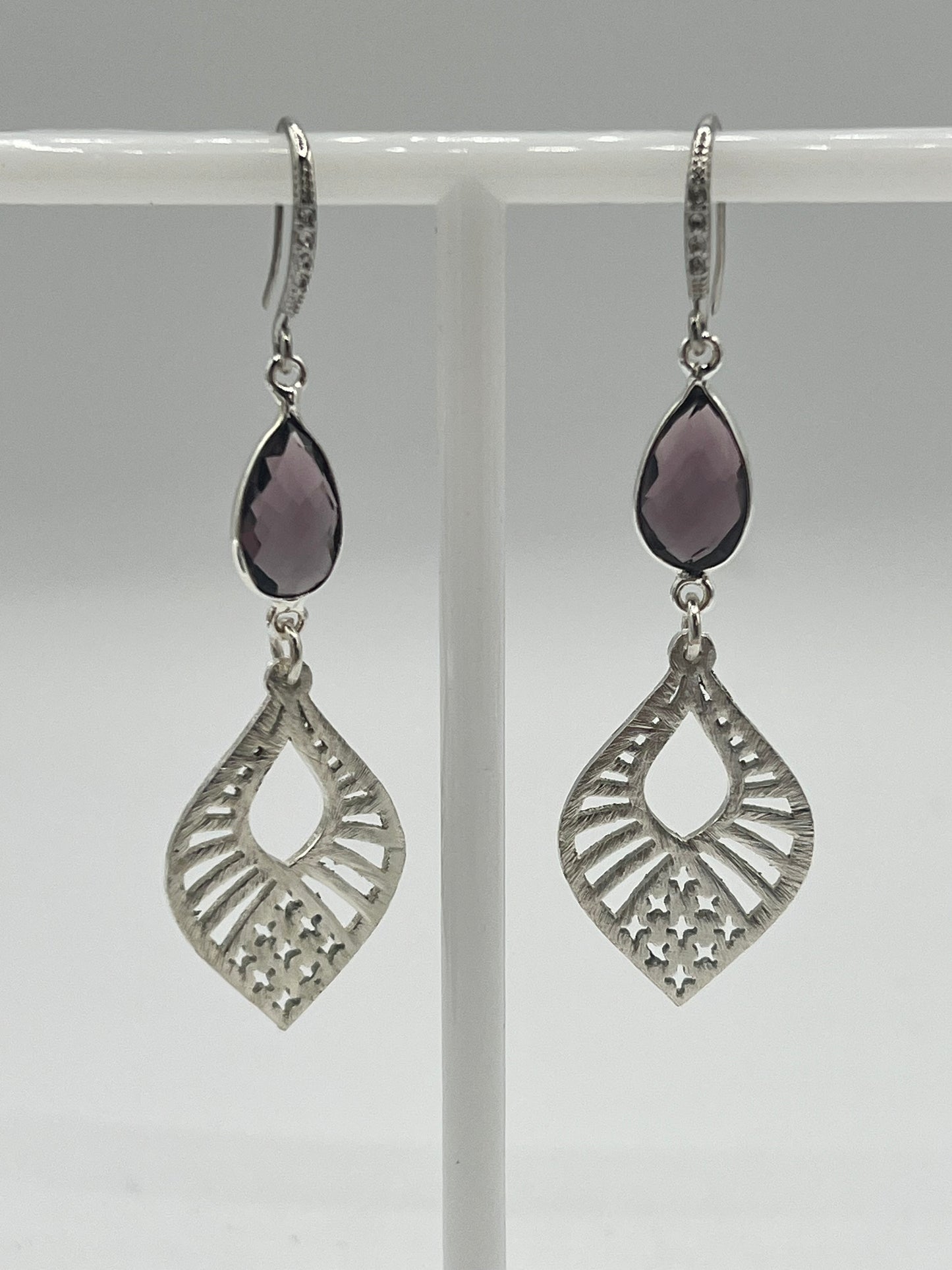 Silver Gemstone Earring with Amethyst Pear and Marquise Filigree Charm