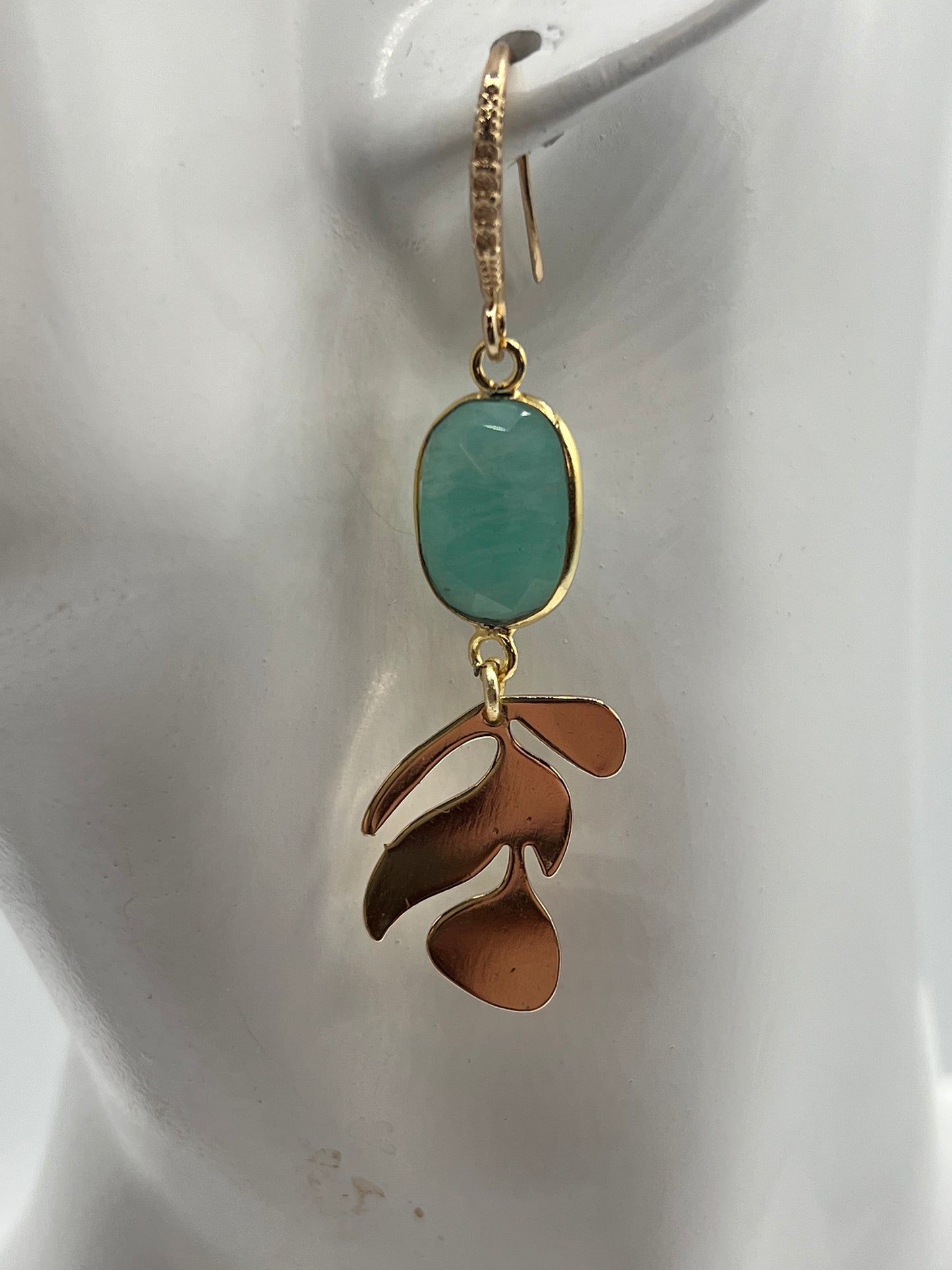 Gold Gemstone Earring with Amazonite Oval andGold Leaf Charm