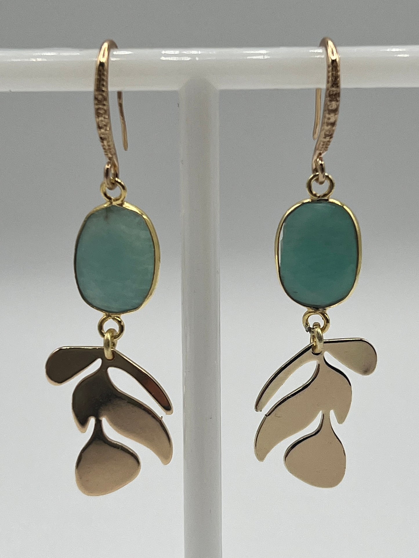 Gold Gemstone Earring with Amazonite Oval andGold Leaf Charm