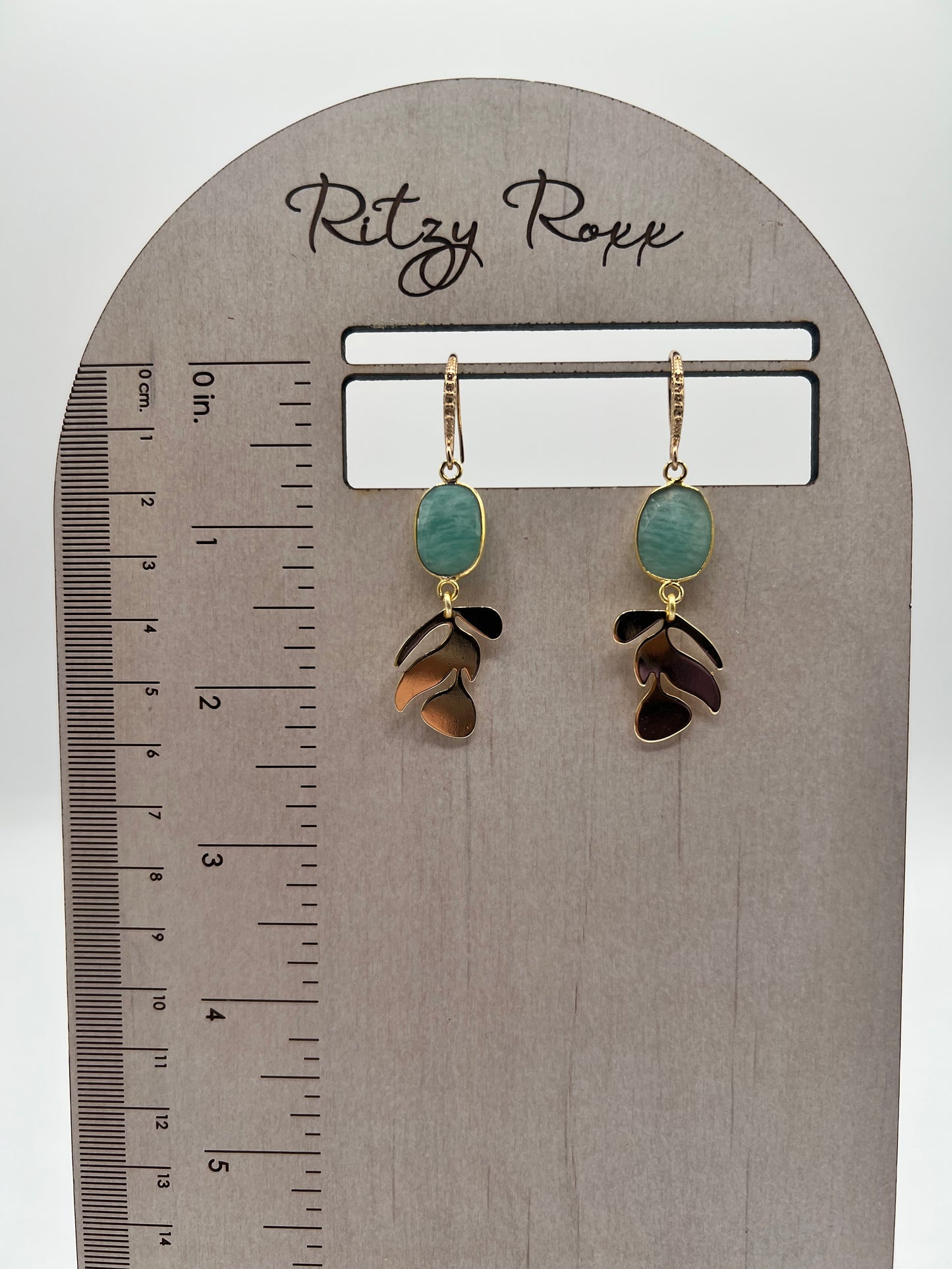 Gold Gemstone Earring with Amazonite Oval andGold Leaf Charm
