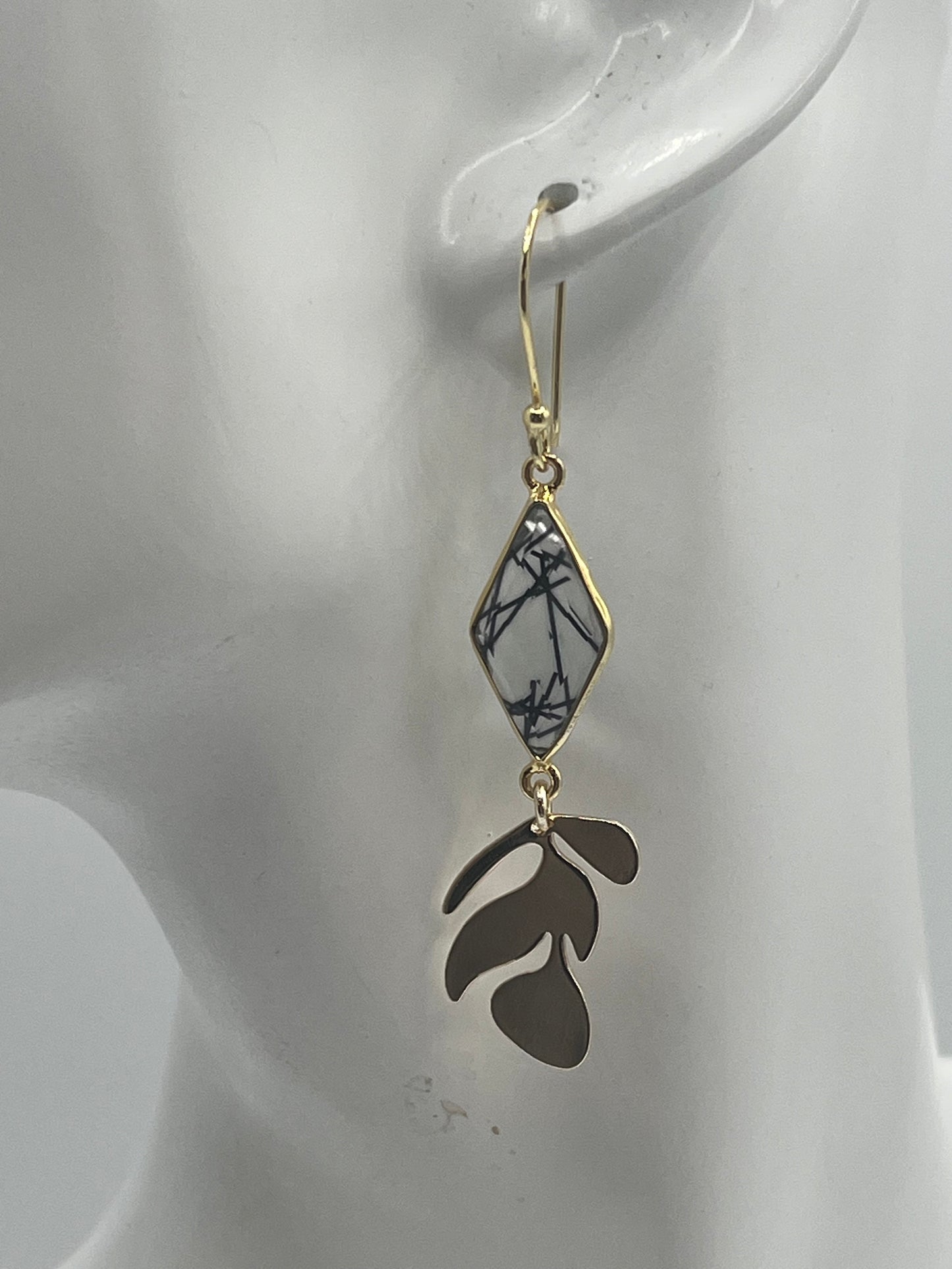 Gold Gemstone Earring with Black Rutile Rhombus and Gold Leaf Charm