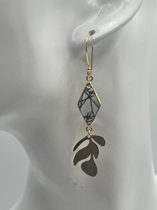 Gold Gemstone Earring with Black Rutile Rhombus and Gold Leaf Charm