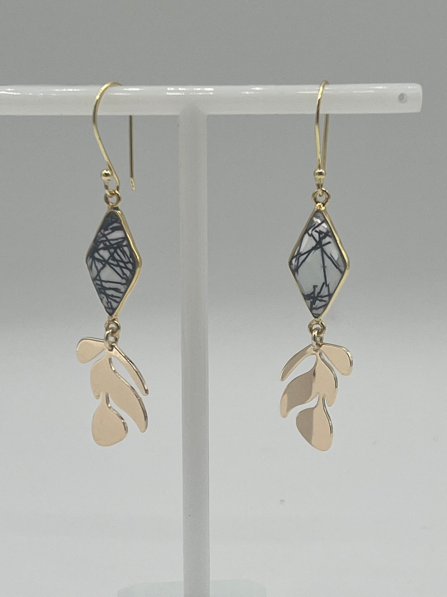 Gold Gemstone Earring with Black Rutile Rhombus and Gold Leaf Charm