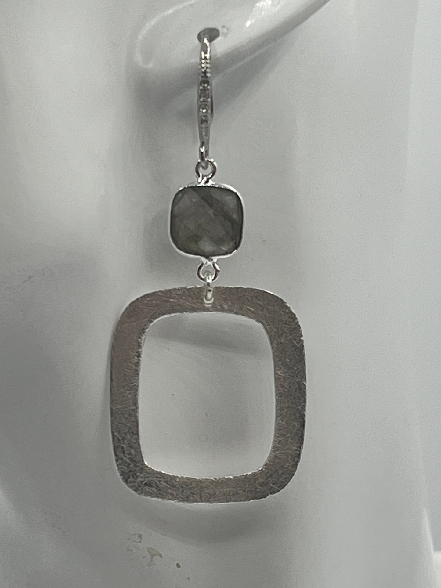 Silver Gemstone Earring with Cushion Shape Labradorite Stone and Square brushed Silver Charm