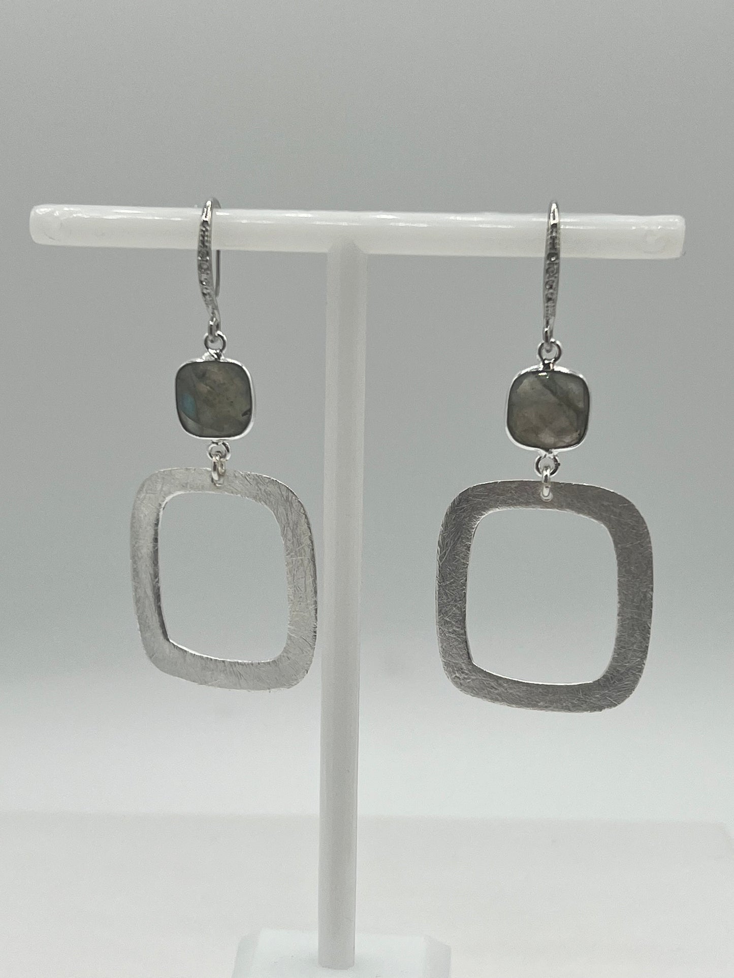 Silver Gemstone Earring with Cushion Shape Labradorite Stone and Square brushed Silver Charm