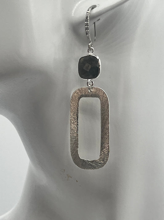 Silver Gemstone Earring with Cushion Shape Labradorite Stone and Long Rectangle brushed Silver Charm