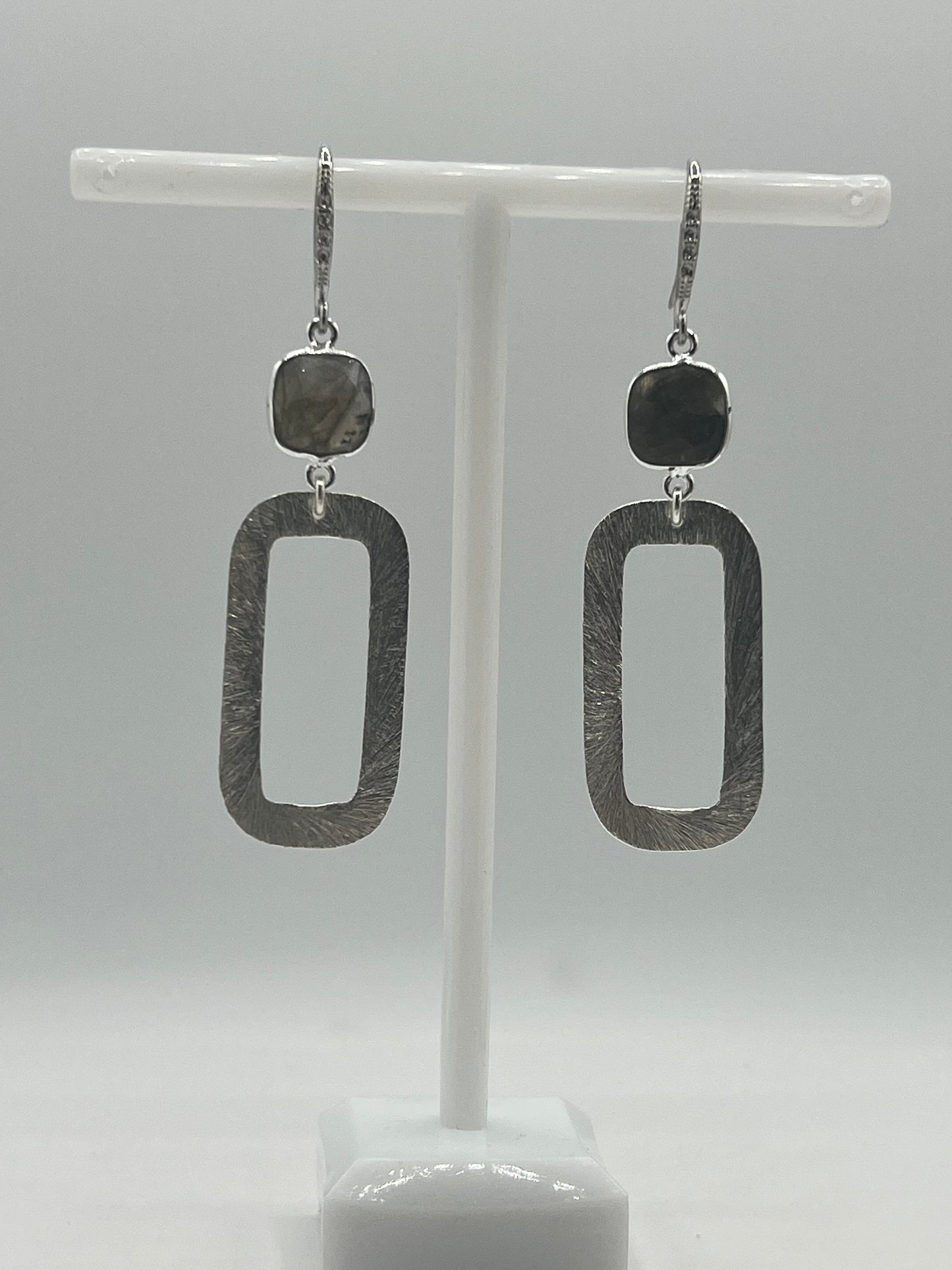 Silver Gemstone Earring with Cushion Shape Labradorite Stone and Long Rectangle brushed Silver Charm