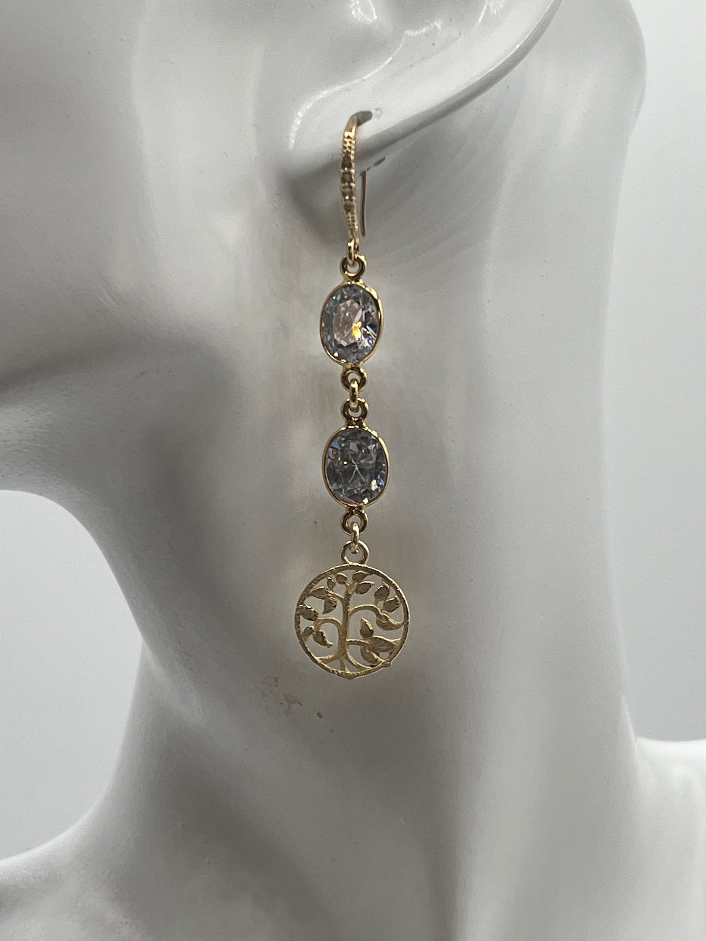 Gold Gemstone Earring wih 2 CZs and Brushed Gold Tree of Life Charm.