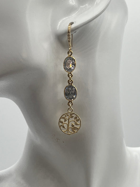 Gold Gemstone Earring wih 2 CZs and Brushed Gold Tree of Life Charm.