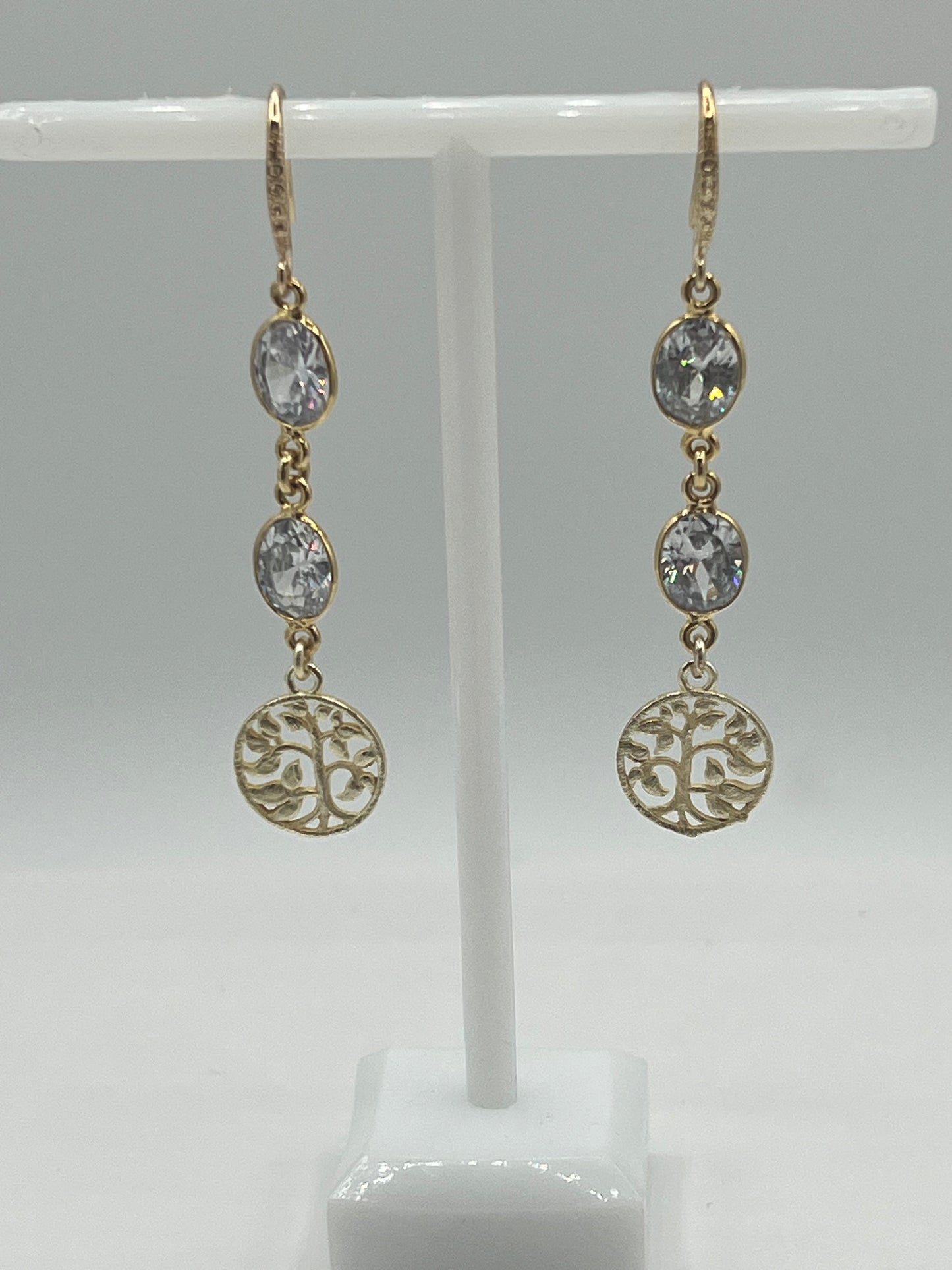 Gold Gemstone Earring wih 2 CZs and Brushed Gold Tree of Life Charm.