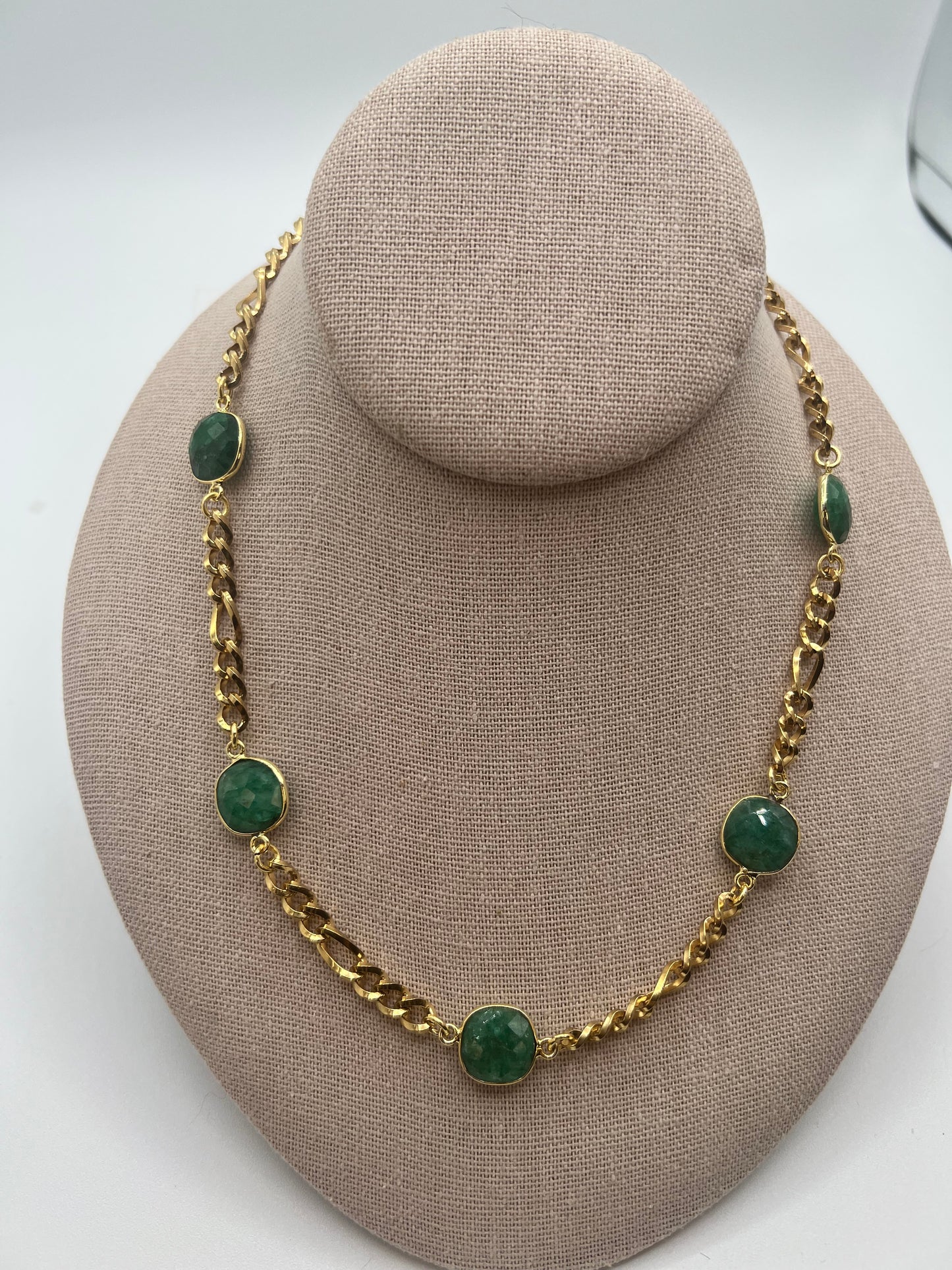 Gold Chain Necklace with Emerald Cushion Cut Stones.