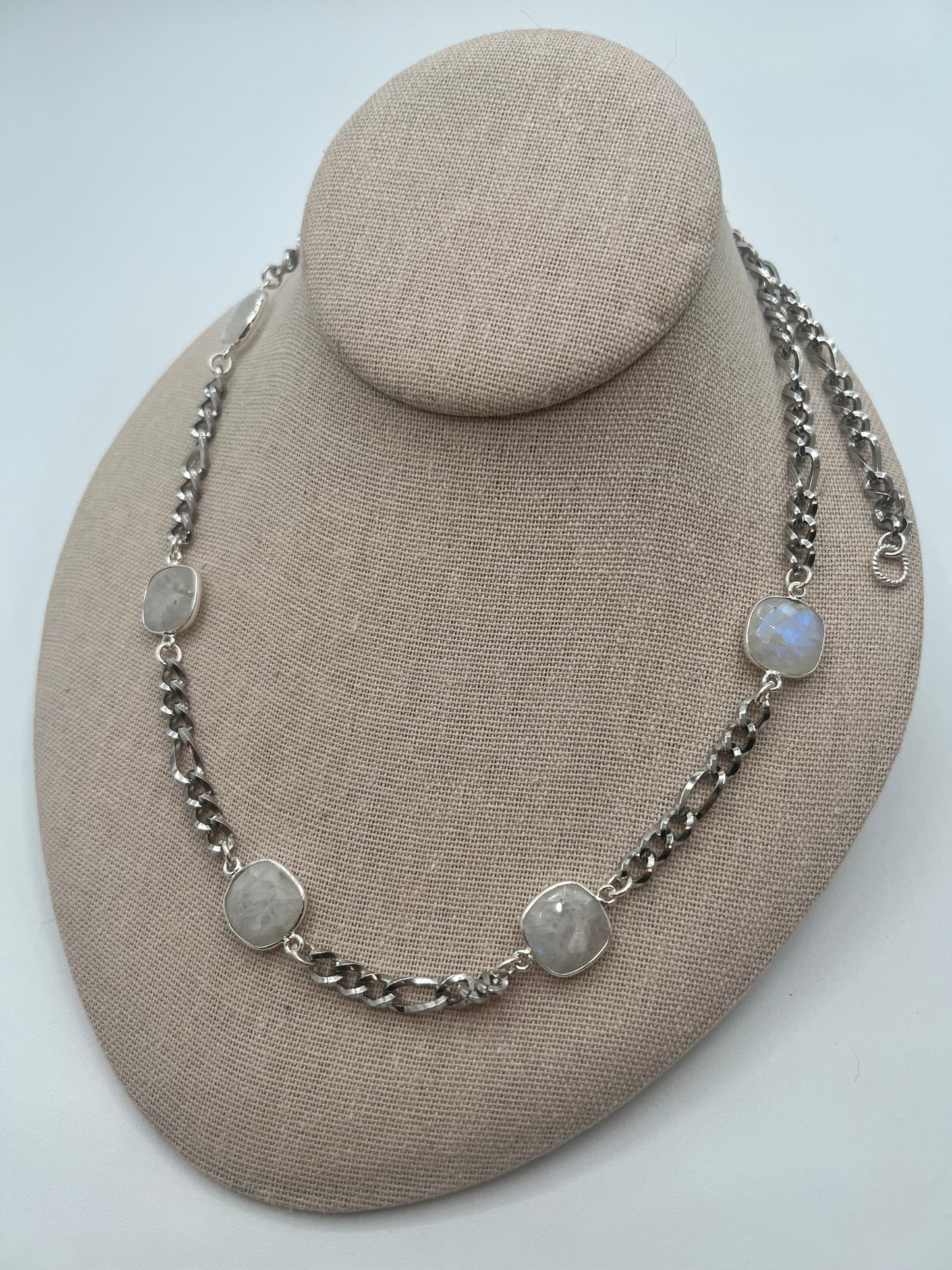 Silver Chain Necklace with Rainbow Moonstone Cushion Cut Stones