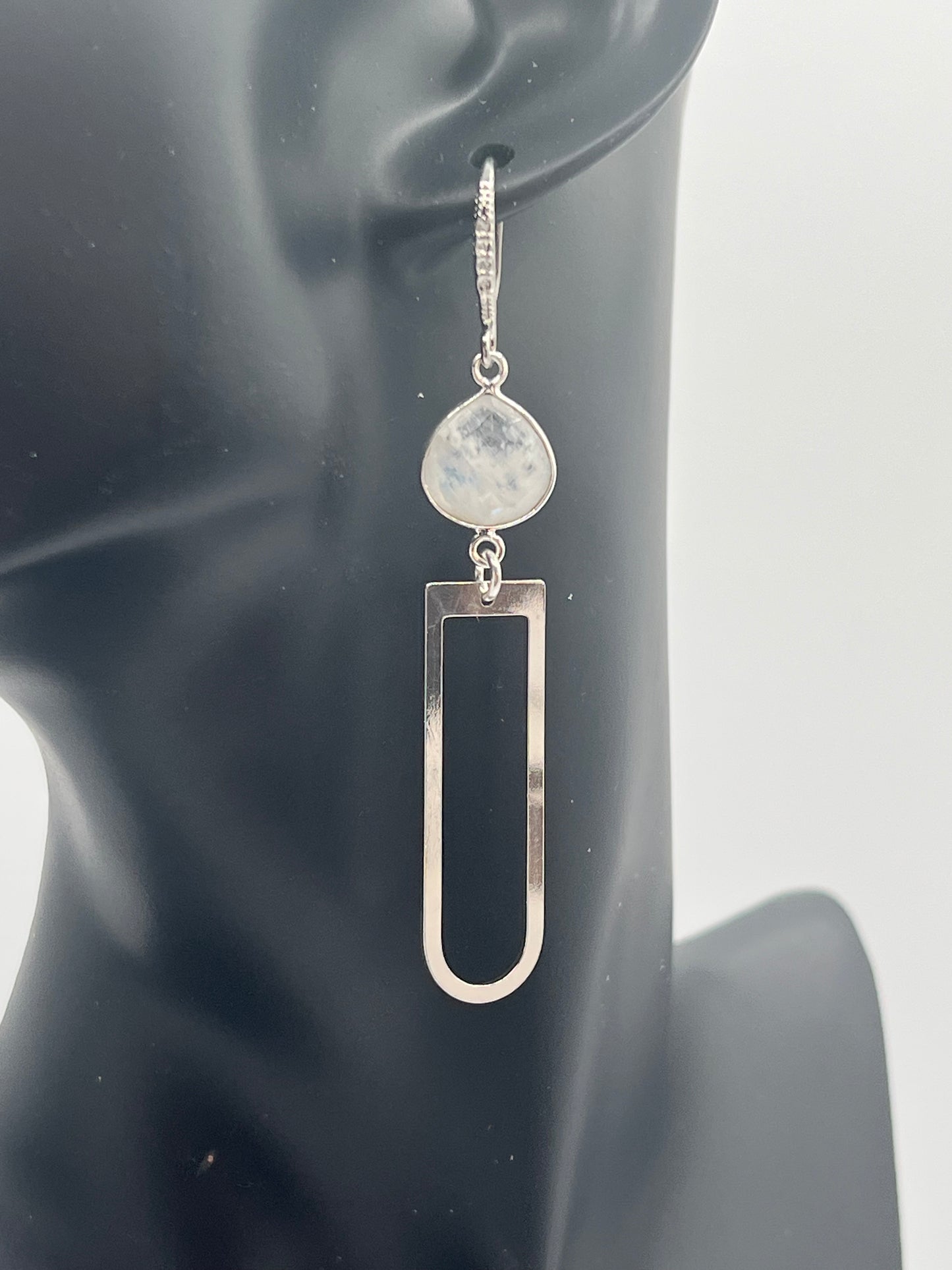 Silver Gemstone Earrings with 13 mm Rainbow Moonstone and U Shaped Charm