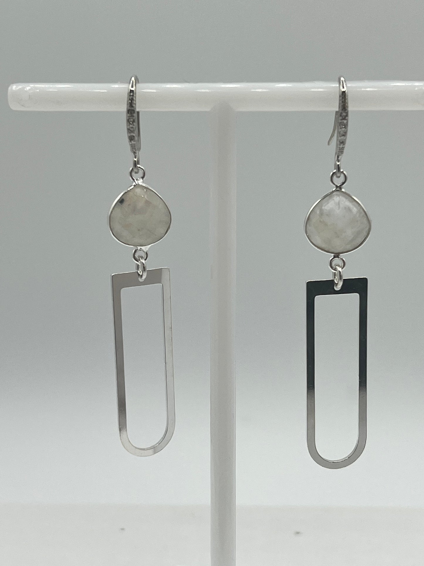 Silver Gemstone Earrings with 13 mm Rainbow Moonstone and U Shaped Charm
