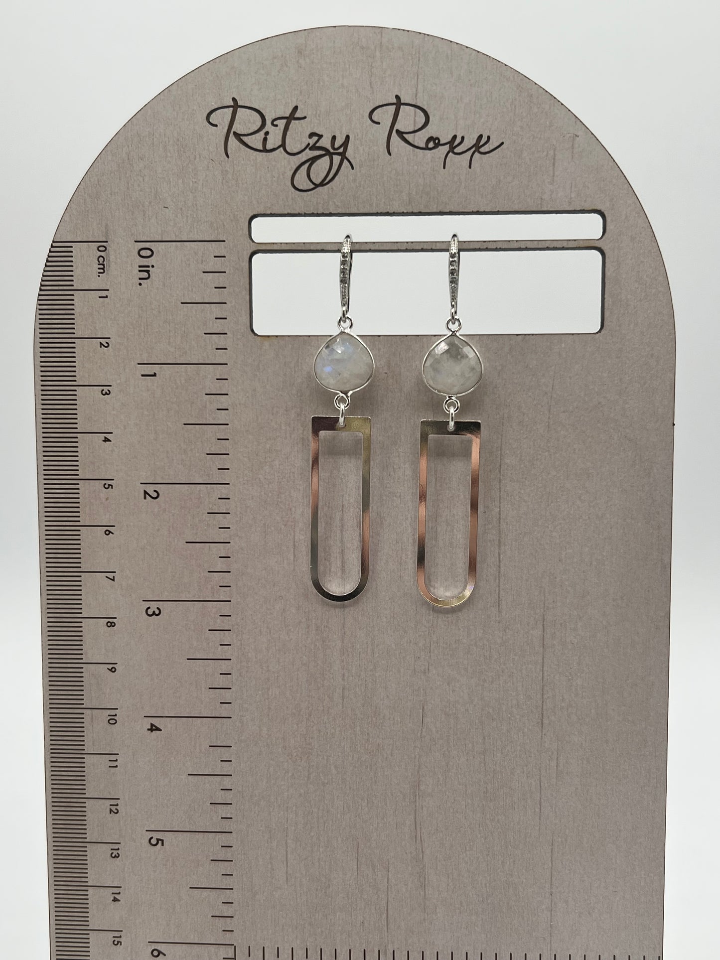 Silver Gemstone Earrings with 13 mm Rainbow Moonstone and U Shaped Charm