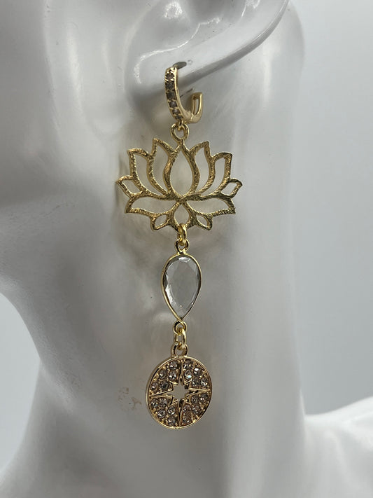 Gold Gemstone Earring with Large Gold Lotus, Crystal Pear and Pave Star Charm