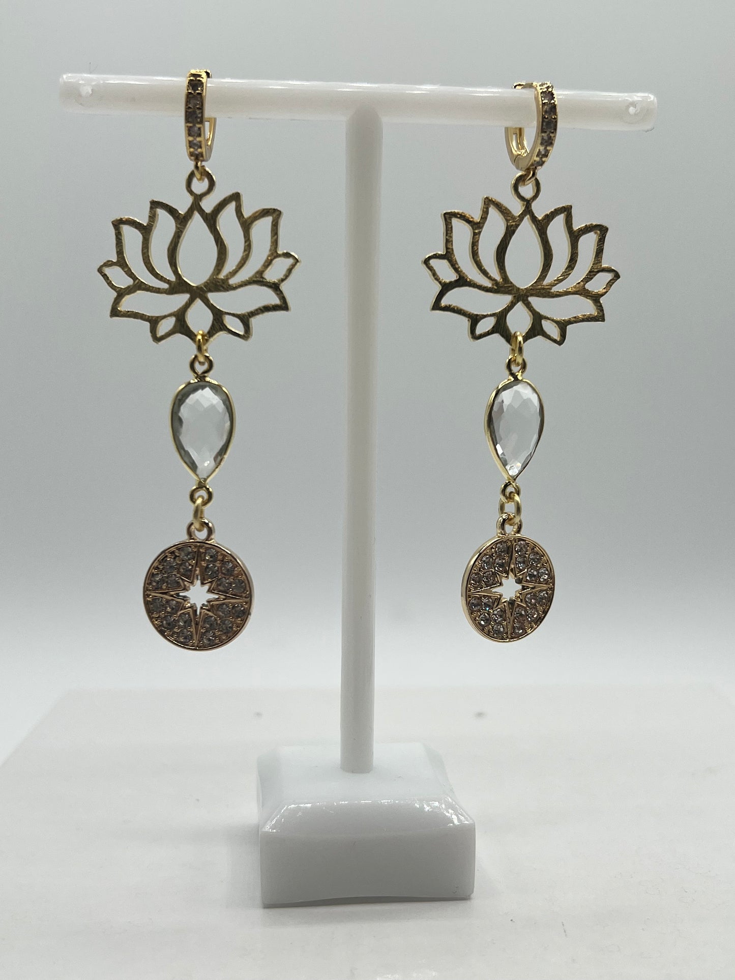 Gold Gemstone Earring with Large Gold Lotus, Crystal Pear and Pave Star Charm