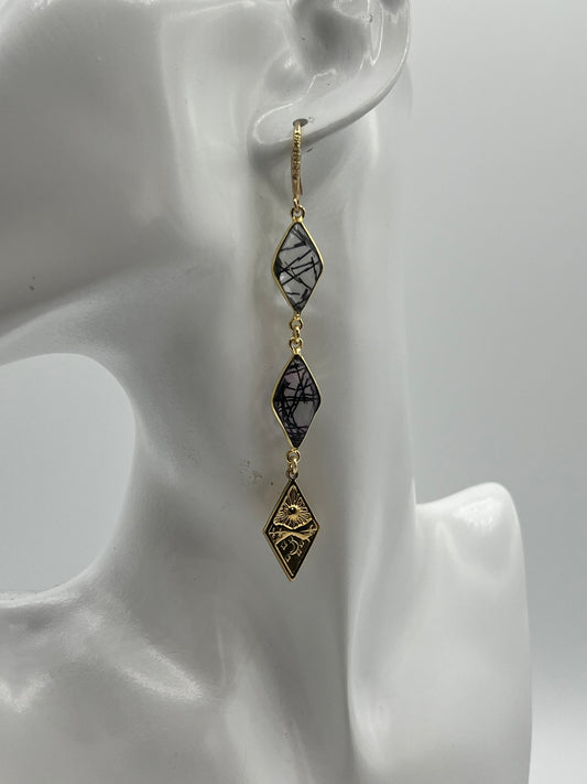 Gold Gemstone Earring, Double Diamond Black Rutile with Diamond Tarot Charm