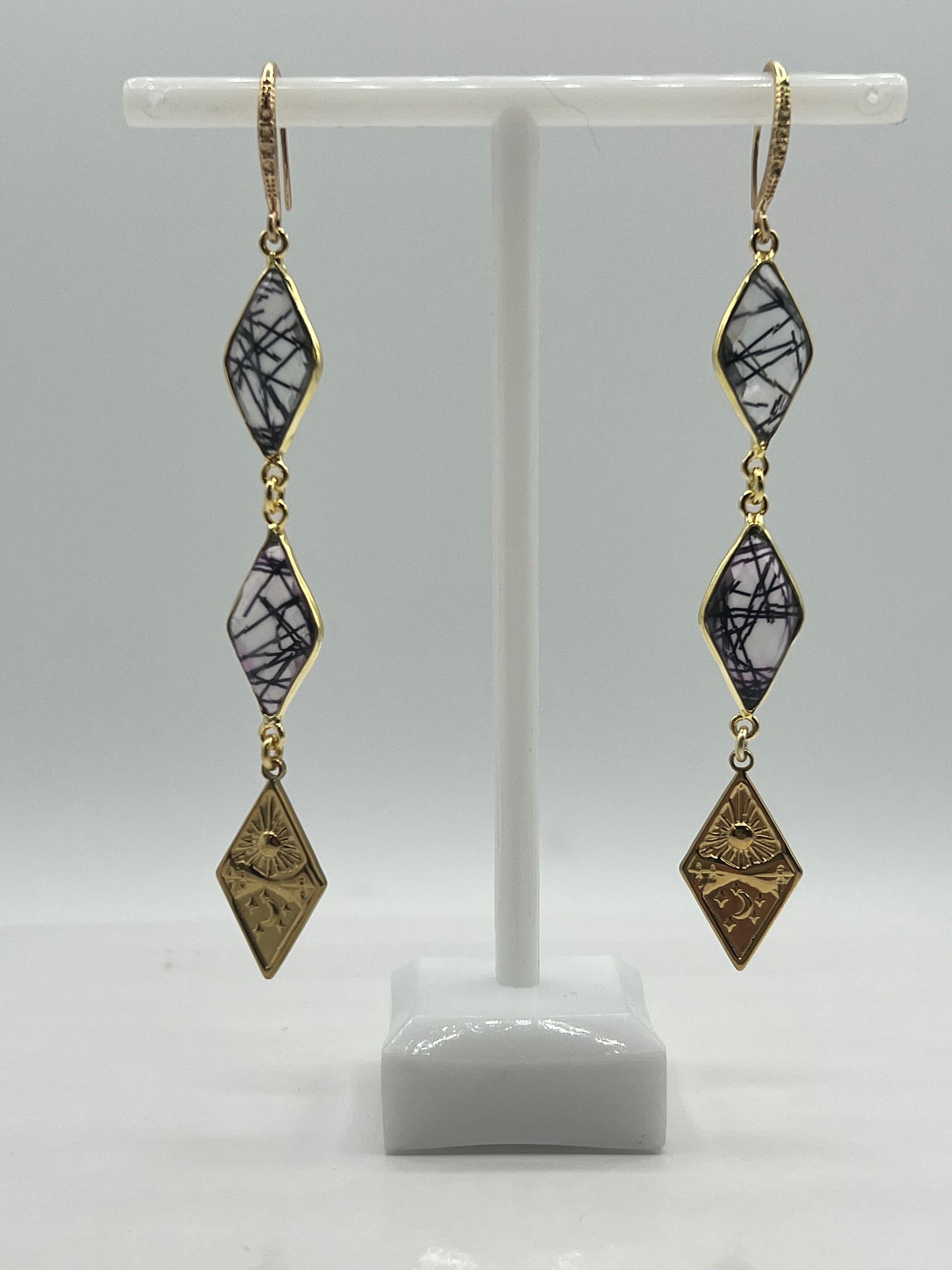 Gold Gemstone Earring, Double Diamond Black Rutile with Diamond Tarot Charm