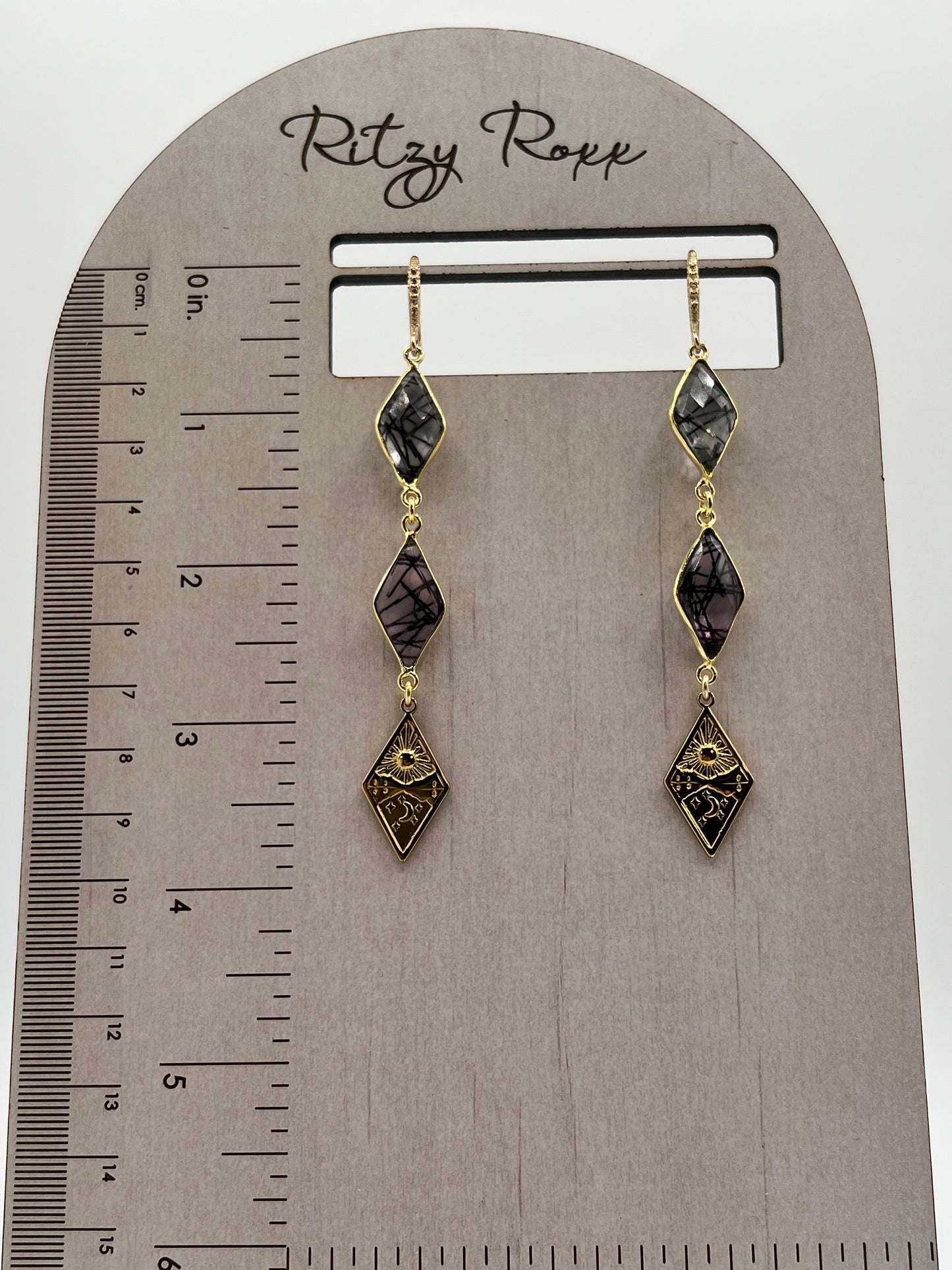 Gold Gemstone Earring, Double Diamond Black Rutile with Diamond Tarot Charm