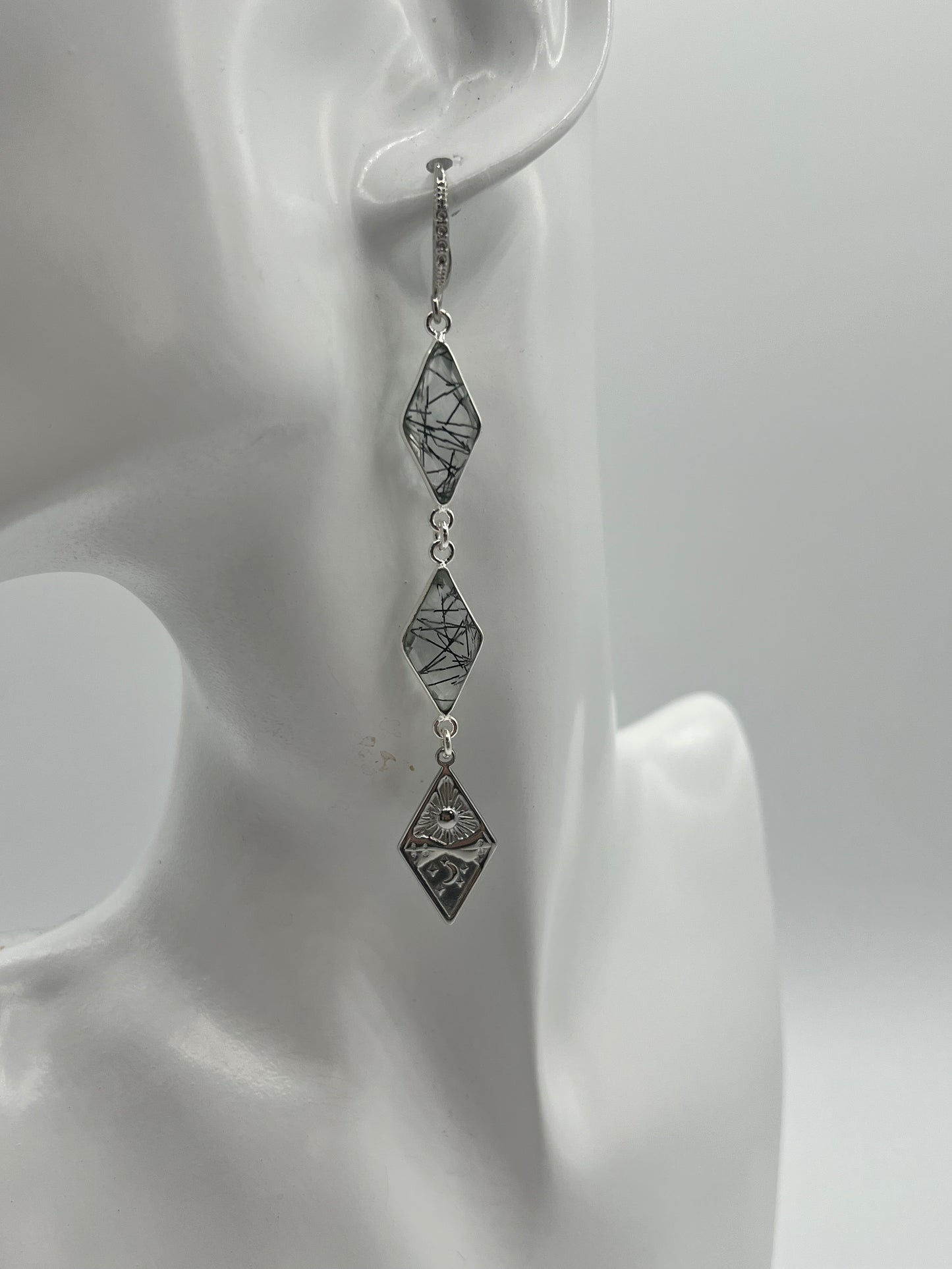Silver Gemstone Earring, Double Diamond Black Rutile with Diamond Tarot Charm