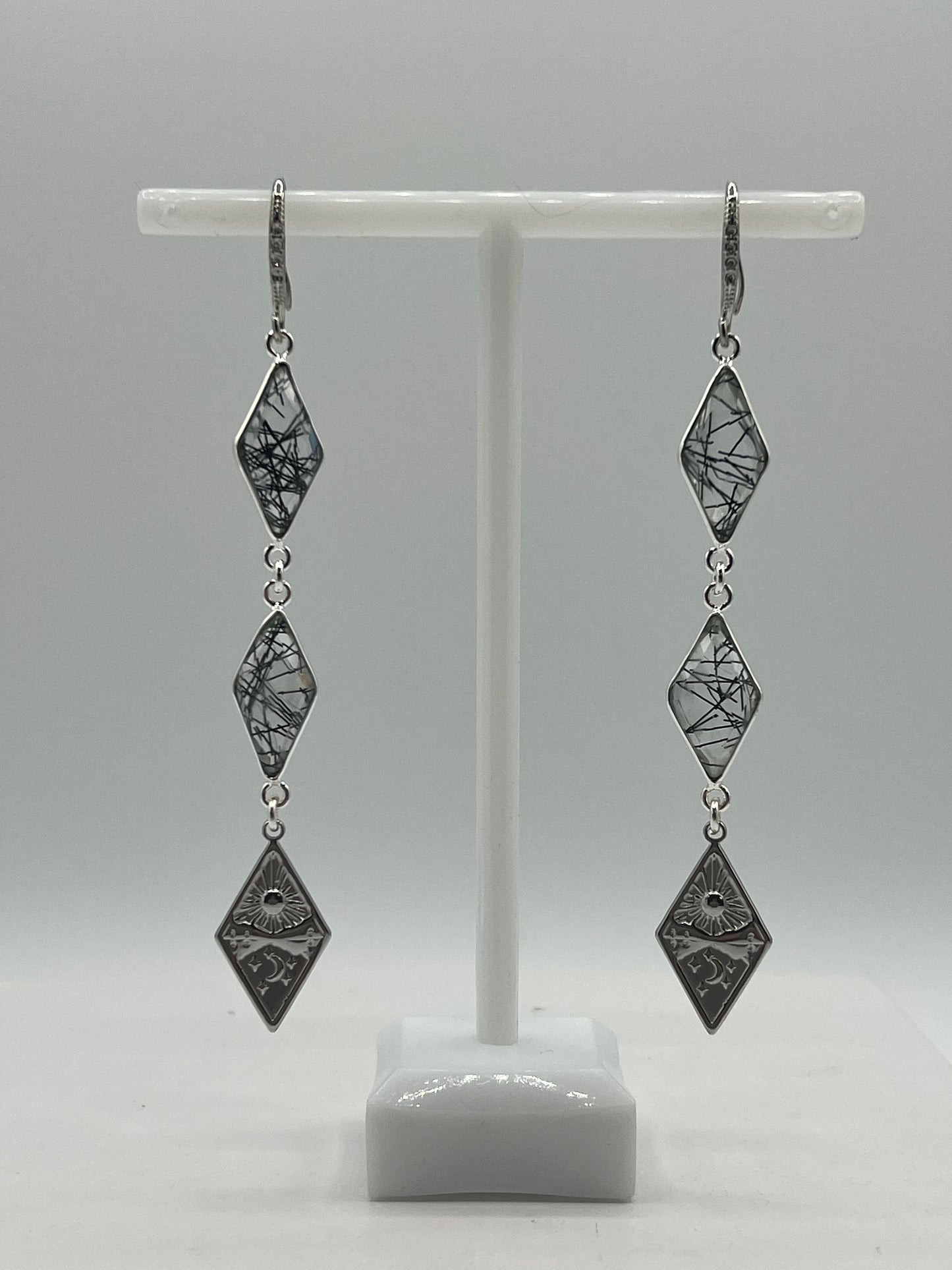 Silver Gemstone Earring, Double Diamond Black Rutile with Diamond Tarot Charm