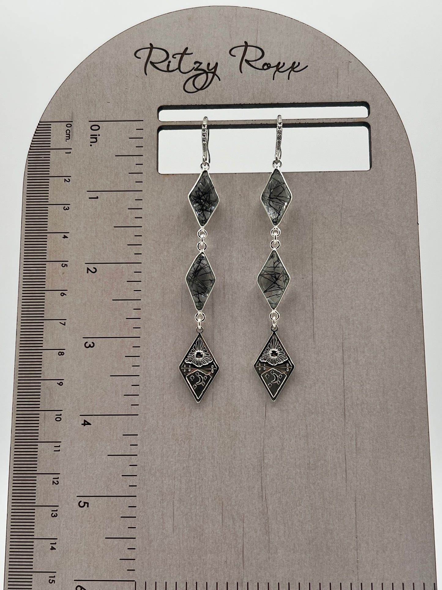 Silver Gemstone Earring, Double Diamond Black Rutile with Diamond Tarot Charm