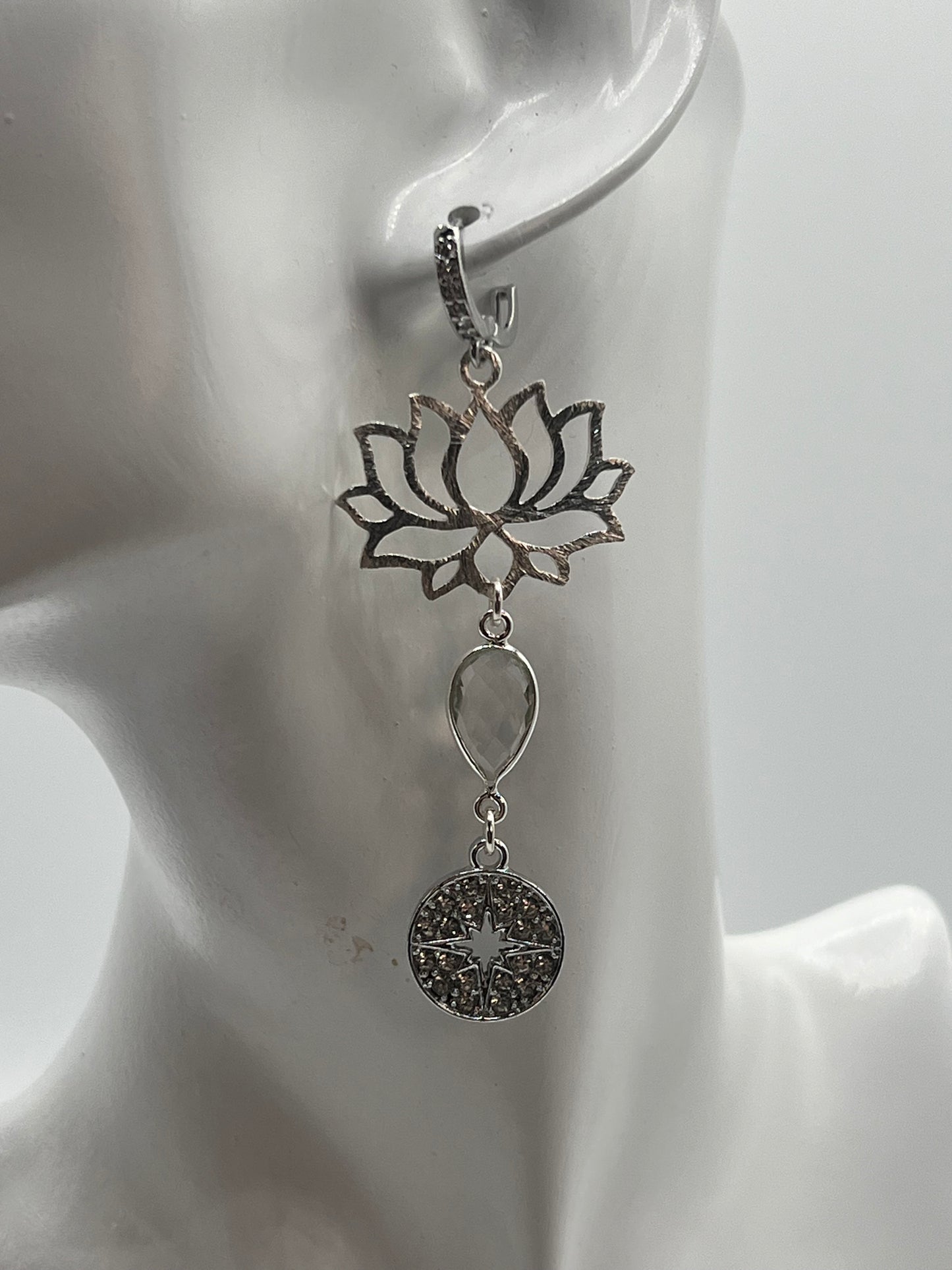 Silver Gemstone Earring with Large Silver Lotus, Crystal Pear and Pave Star Charm