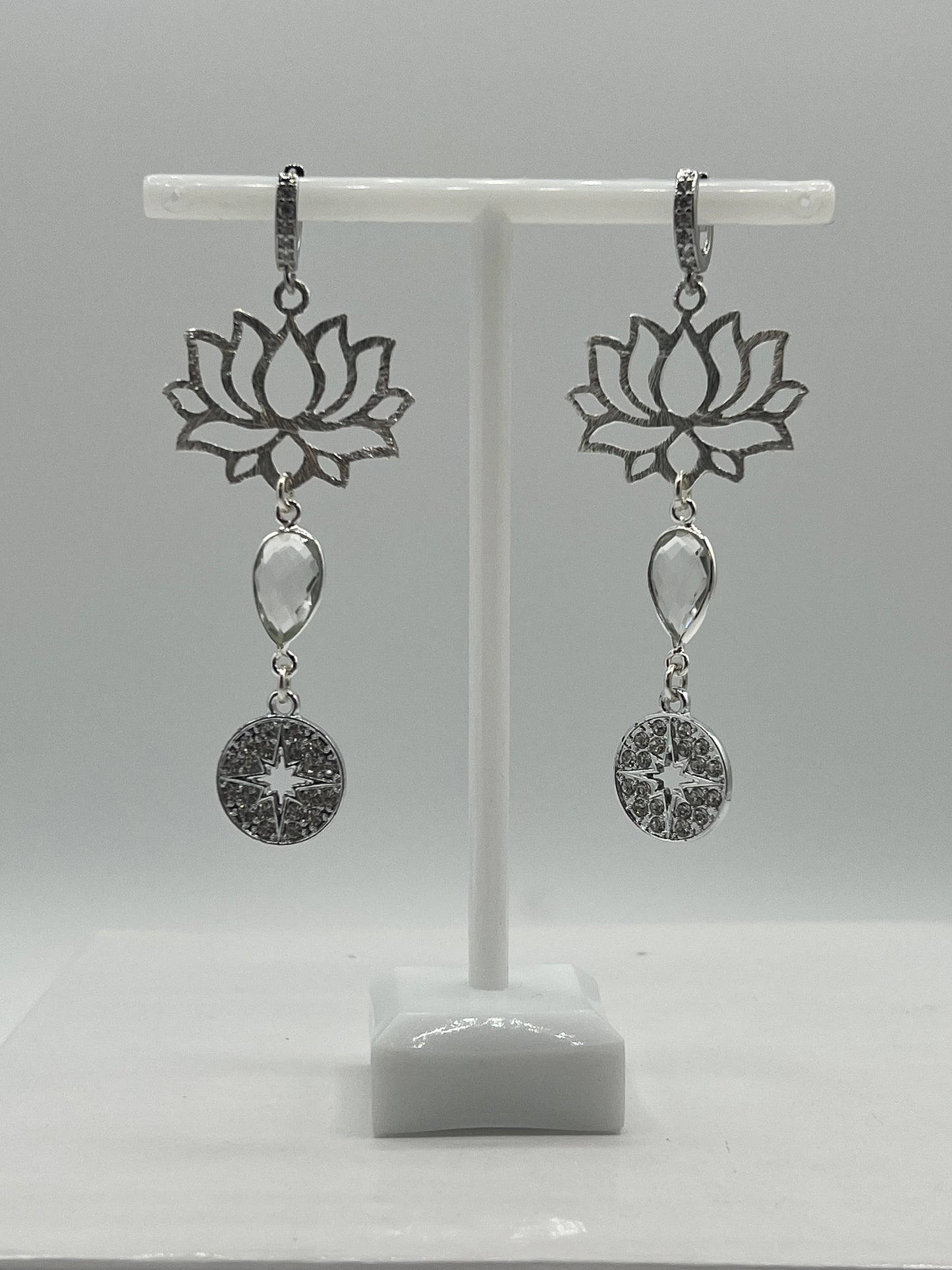 Silver Gemstone Earring with Large Silver Lotus, Crystal Pear and Pave Star Charm