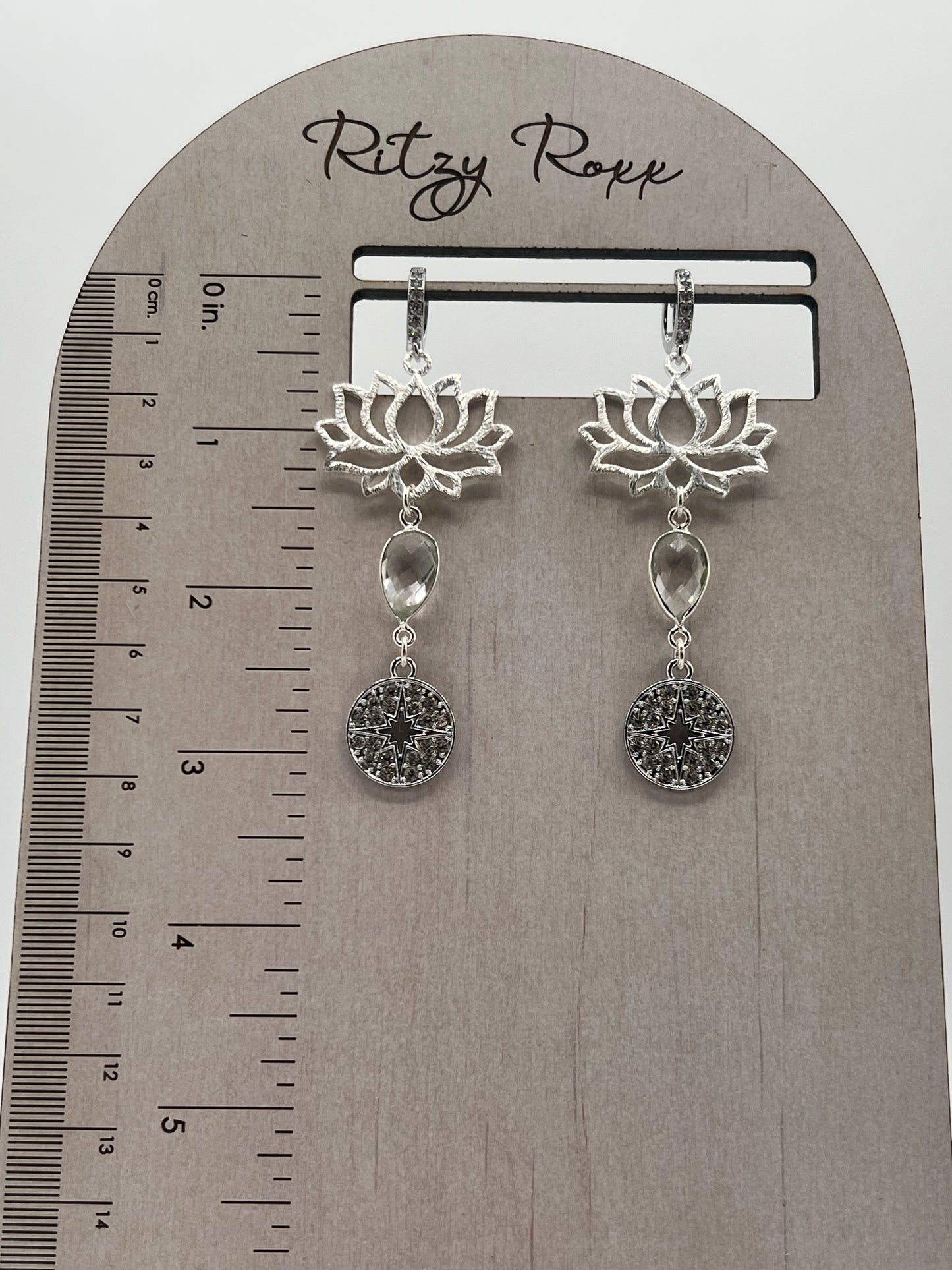 Silver Gemstone Earring with Large Silver Lotus, Crystal Pear and Pave Star Charm