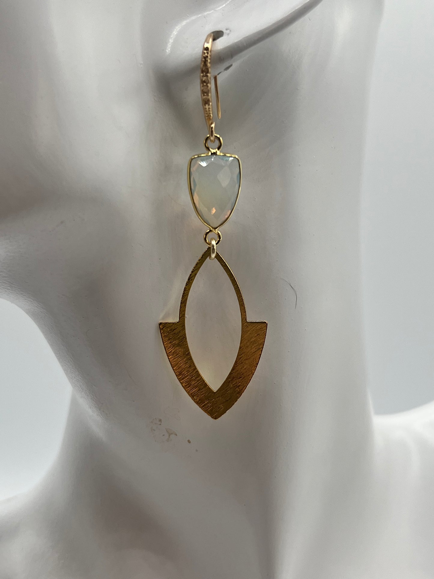 Gold Gemstone Earring with Opalite Trillion and a Brushed Gold Arrowhead Charm