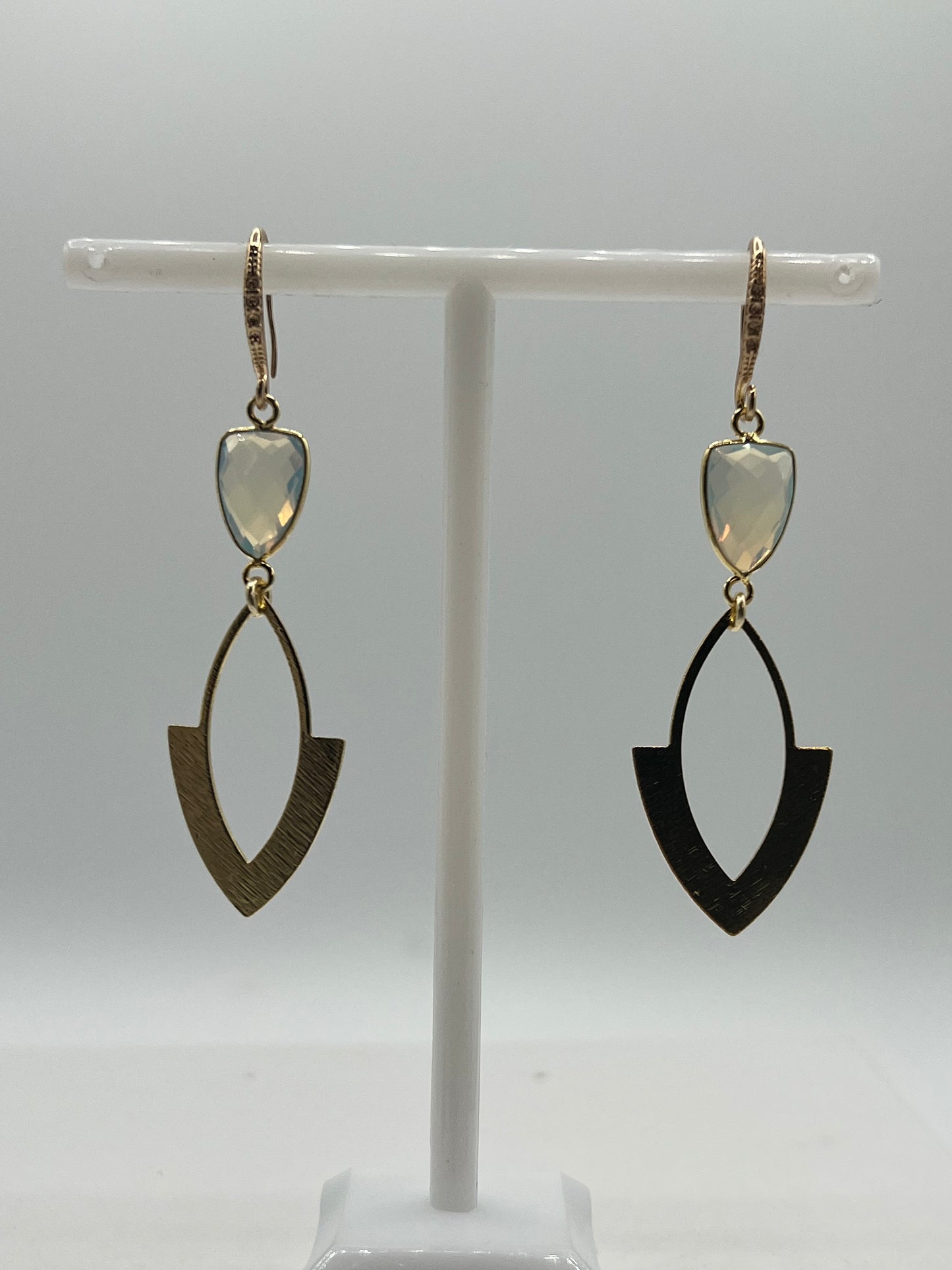 Gold Gemstone Earring with Opalite Trillion and a Brushed Gold Arrowhead Charm