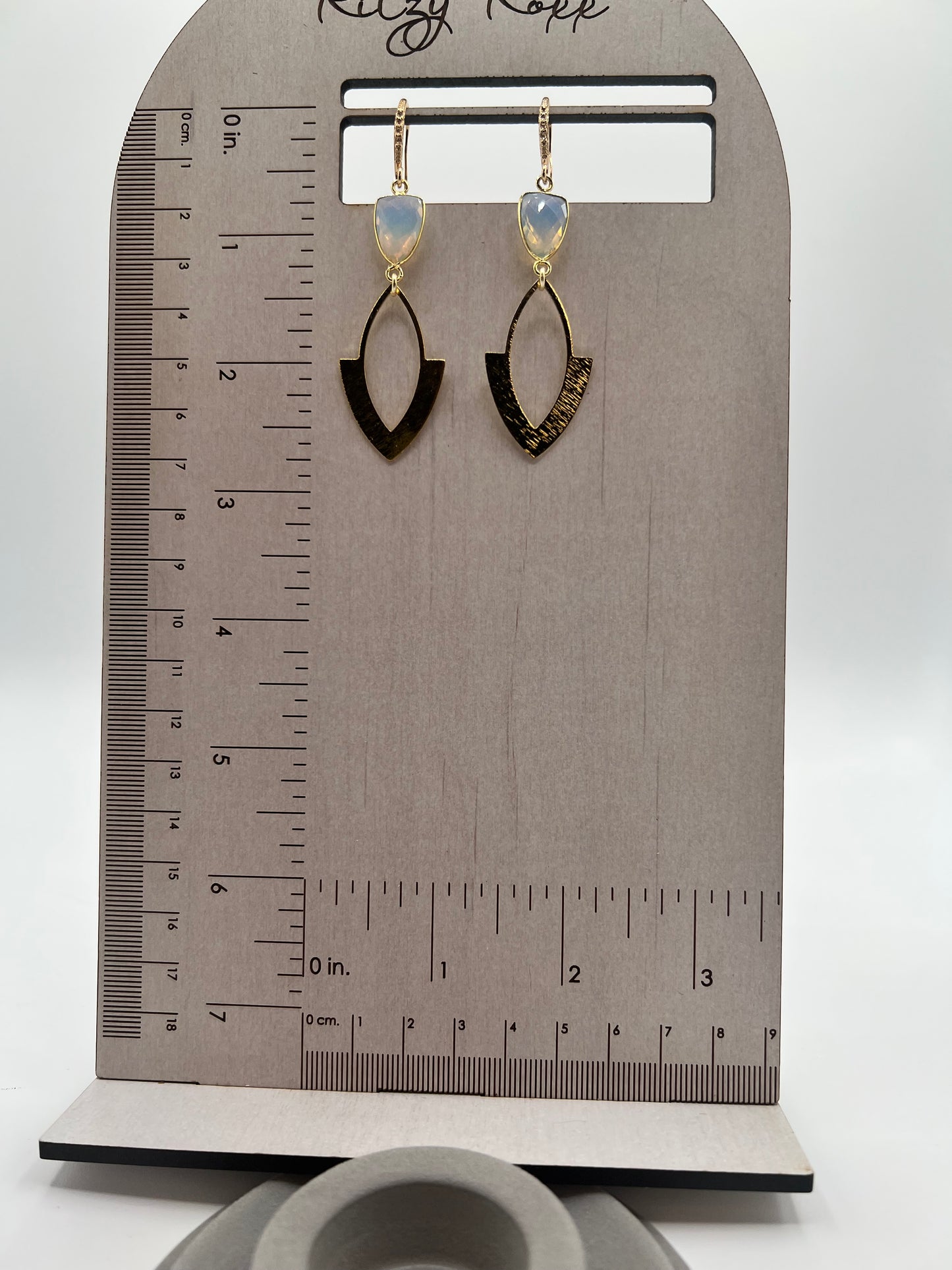 Gold Gemstone Earring with Opalite Trillion and a Brushed Gold Arrowhead Charm