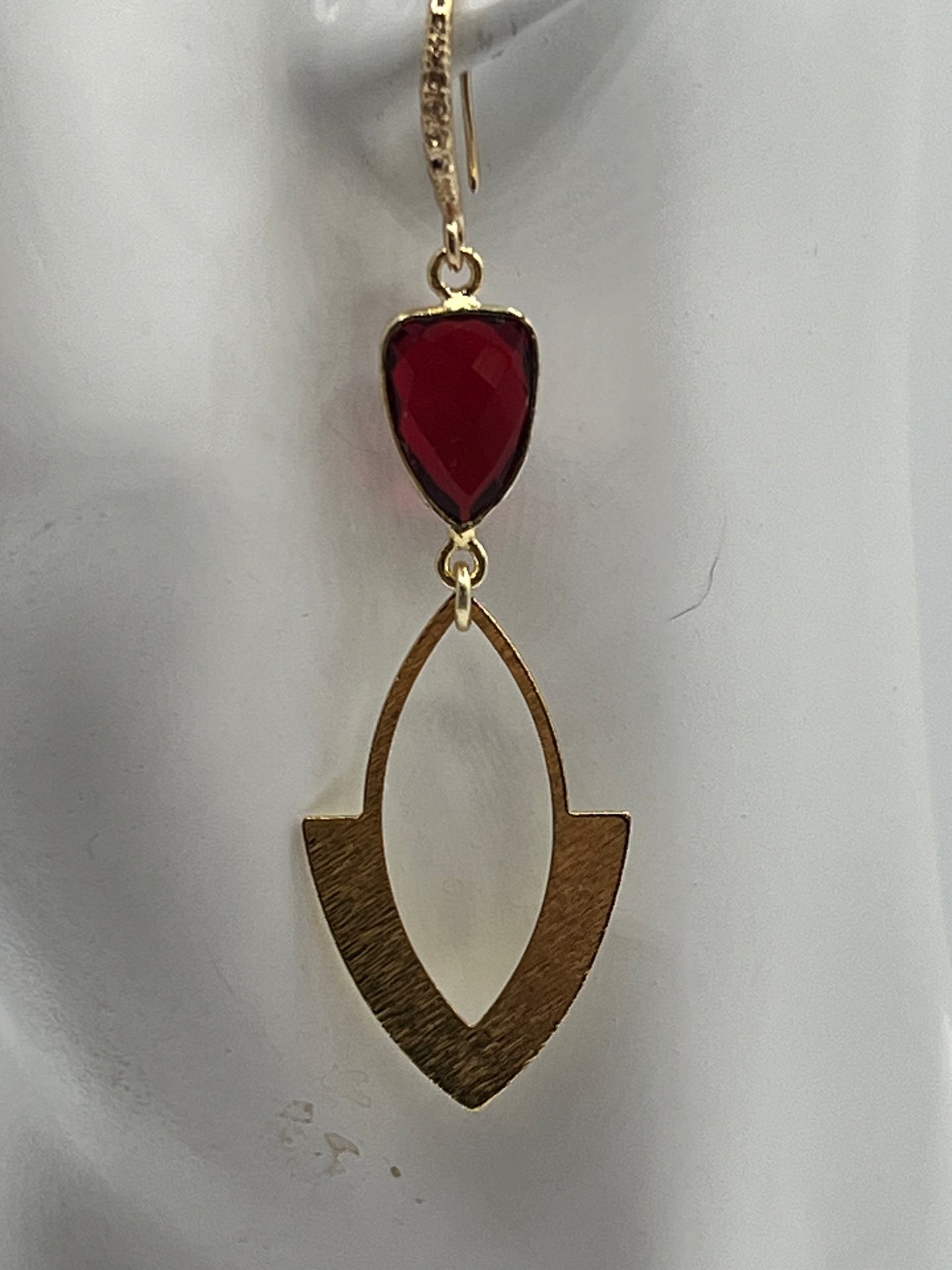 Gold Gemstone Earring with Ruby Quartz Trillion and a Brushed Gold Arrowhead Charm