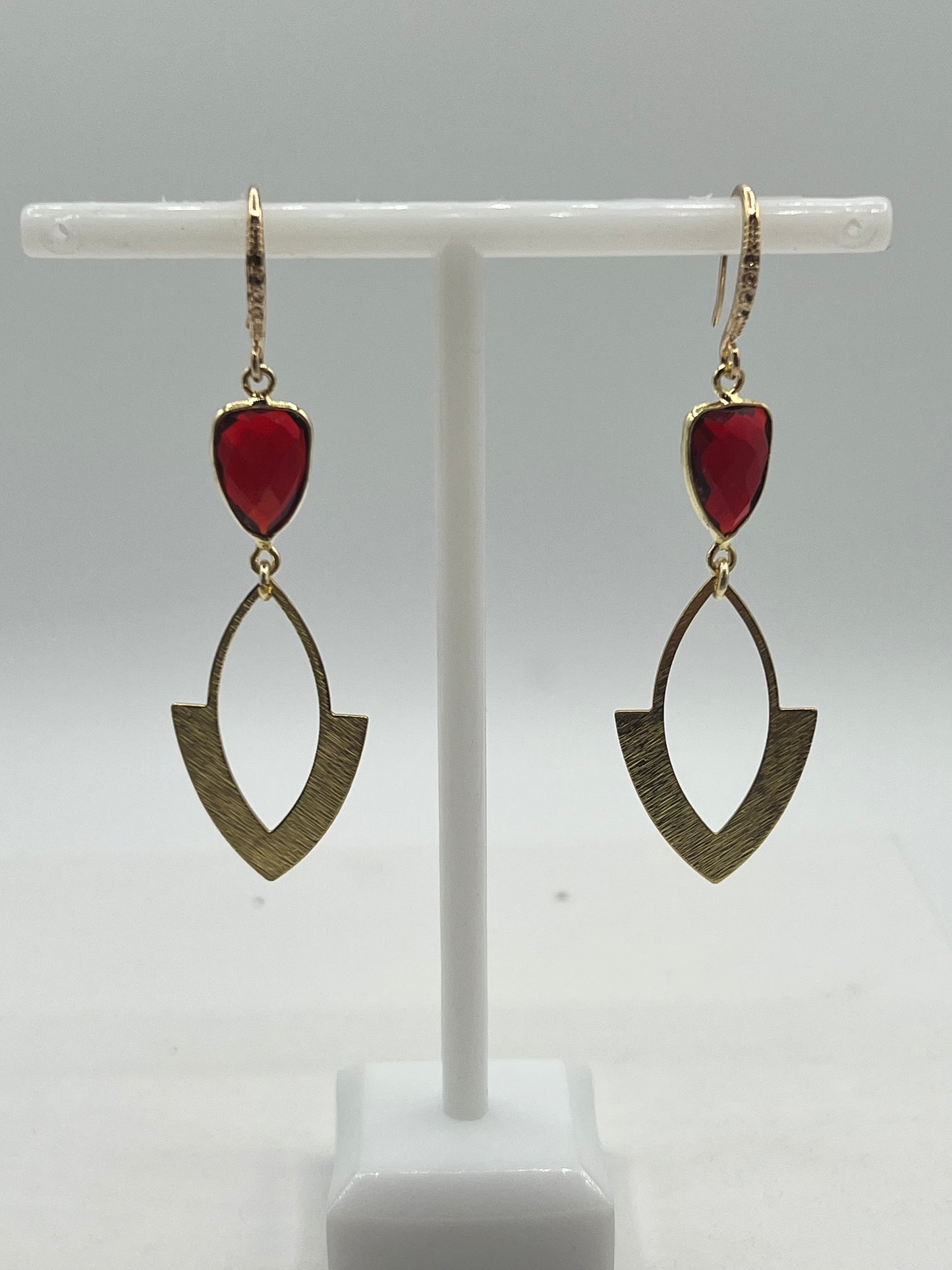 Gold Gemstone Earring with Ruby Quartz Trillion and a Brushed Gold Arrowhead Charm