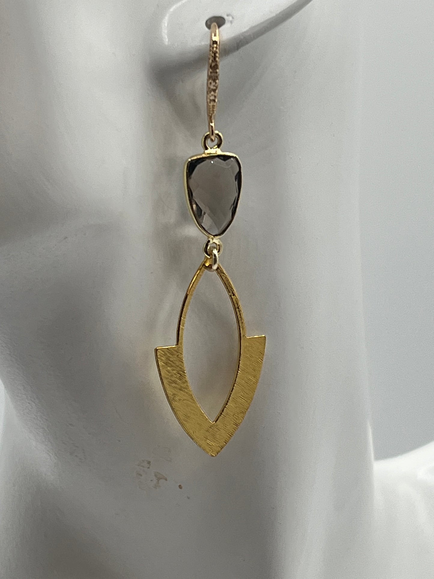Gold Gemstone Earring with Smokey Topaz Trillion and a Brushed Gold Arrowhead Charm
