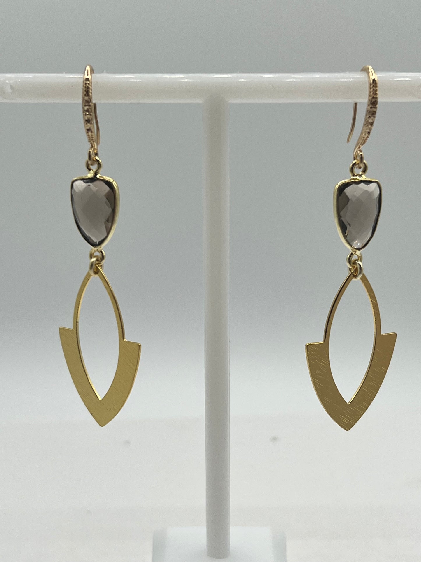 Gold Gemstone Earring with Smokey Topaz Trillion and a Brushed Gold Arrowhead Charm