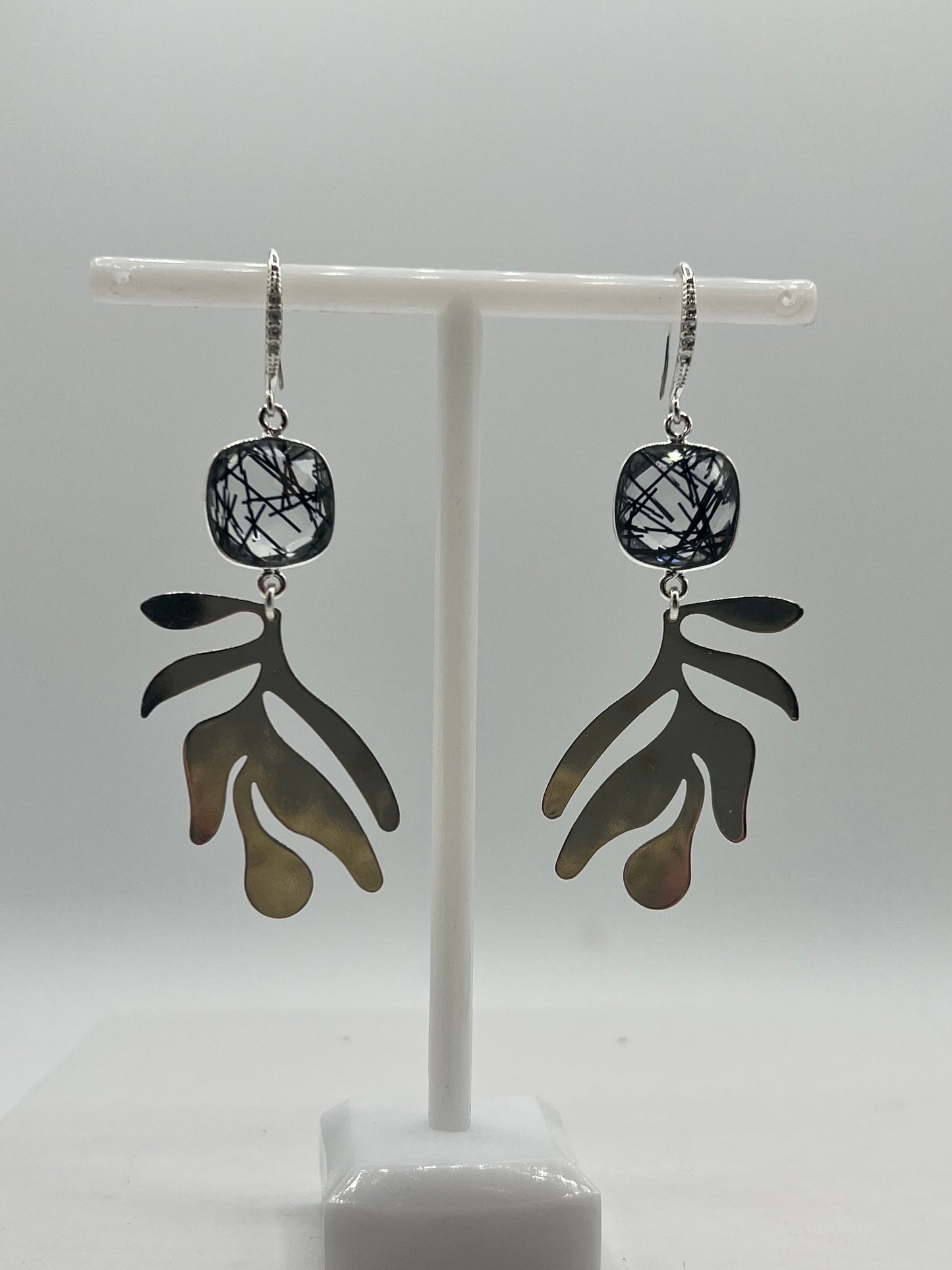 Silver Gemstone Earring, Black Rutile Cushion Cut Stone with Large Polished Silver Leaf Charm