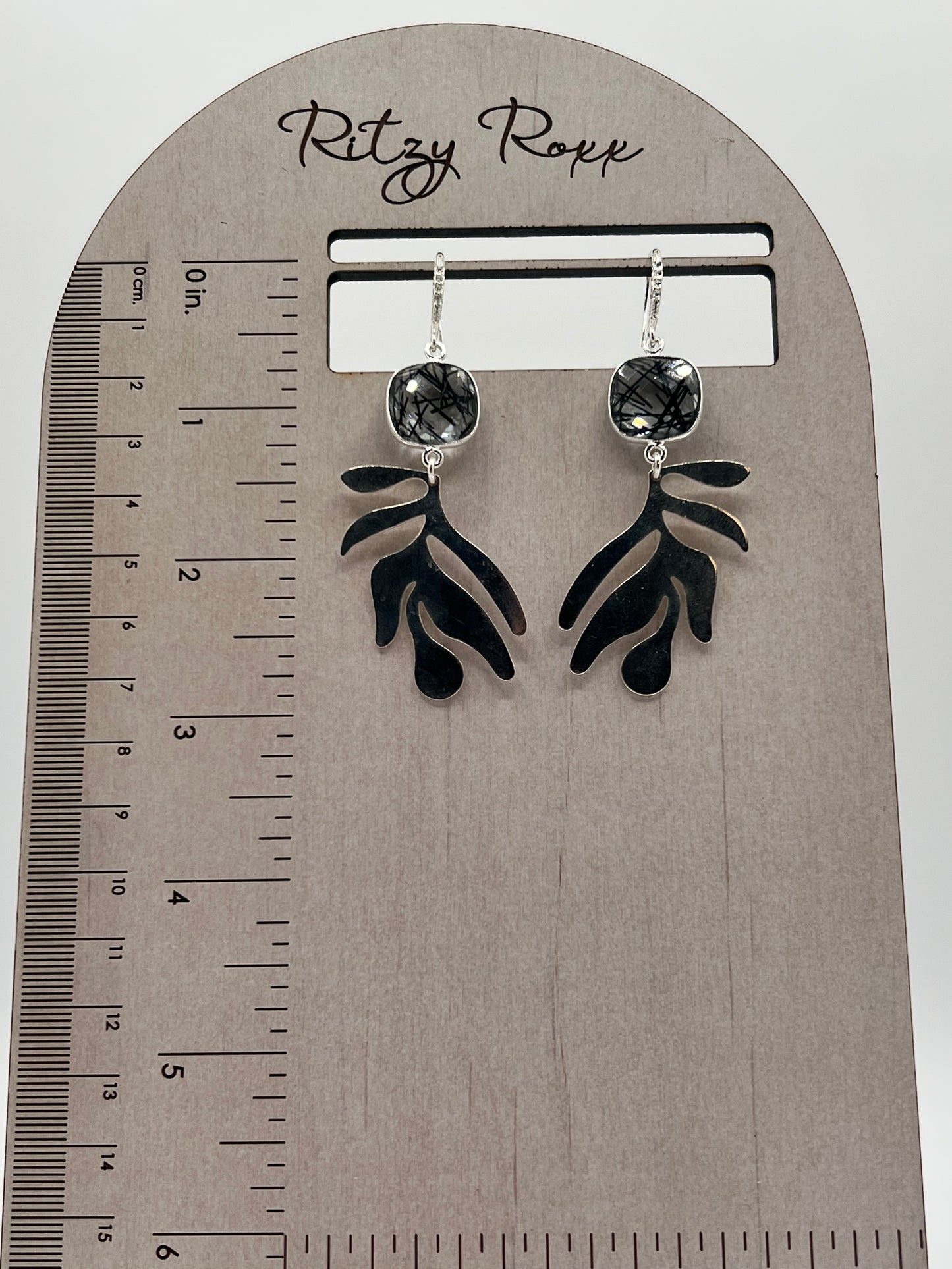 Silver Gemstone Earring, Black Rutile Cushion Cut Stone with Large Polished Silver Leaf Charm