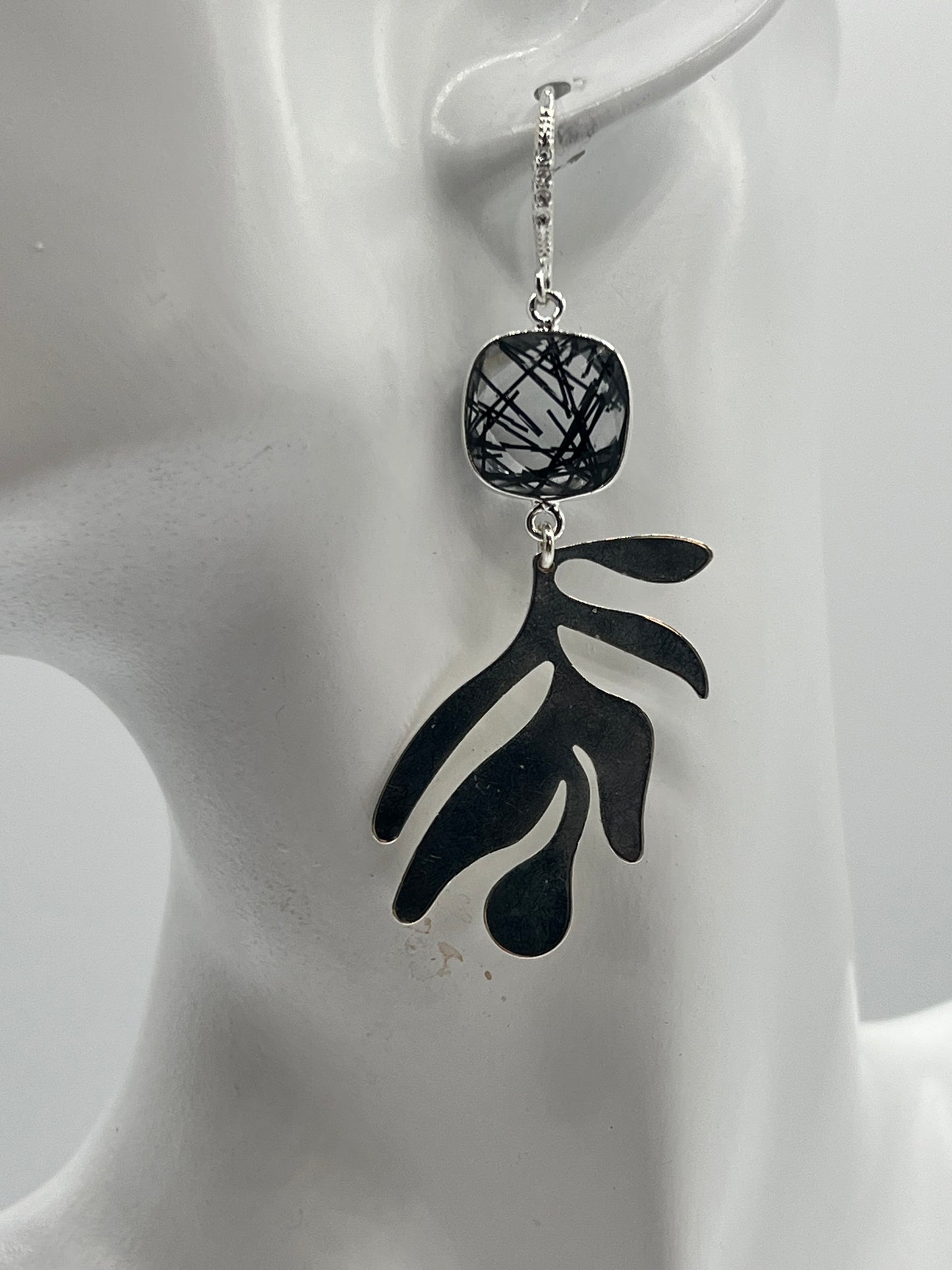 Silver Gemstone Earring, Black Rutile Cushion Cut Stone with Large Polished Silver Leaf Charm