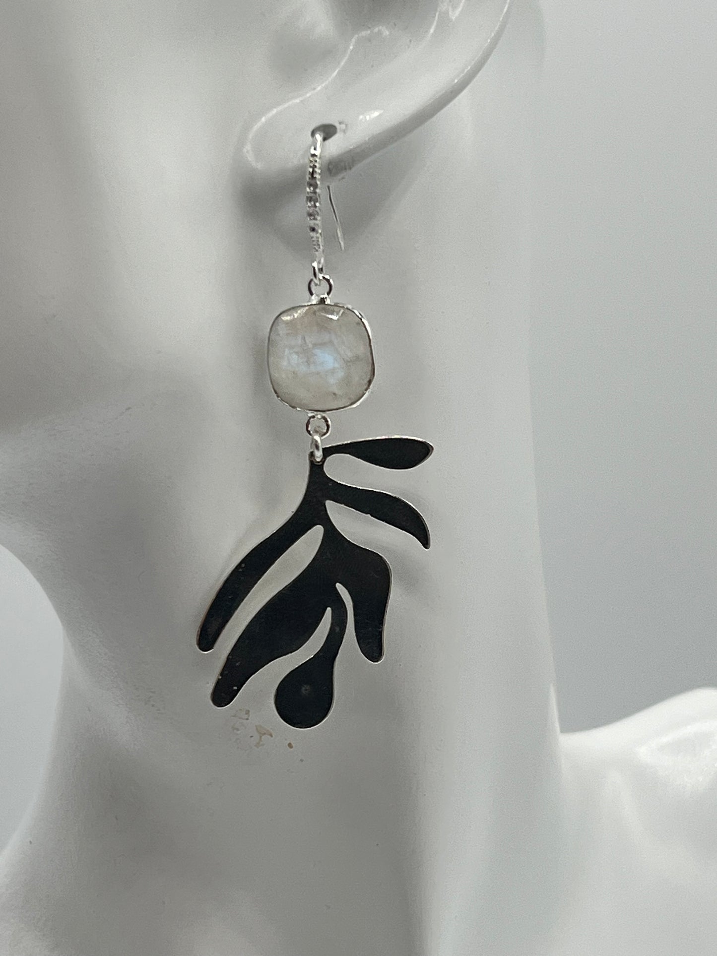 Silver Gemstone Earring, rainbow Moonstone Cushion Cut Stone with Large Polished Silver Leaf Charm