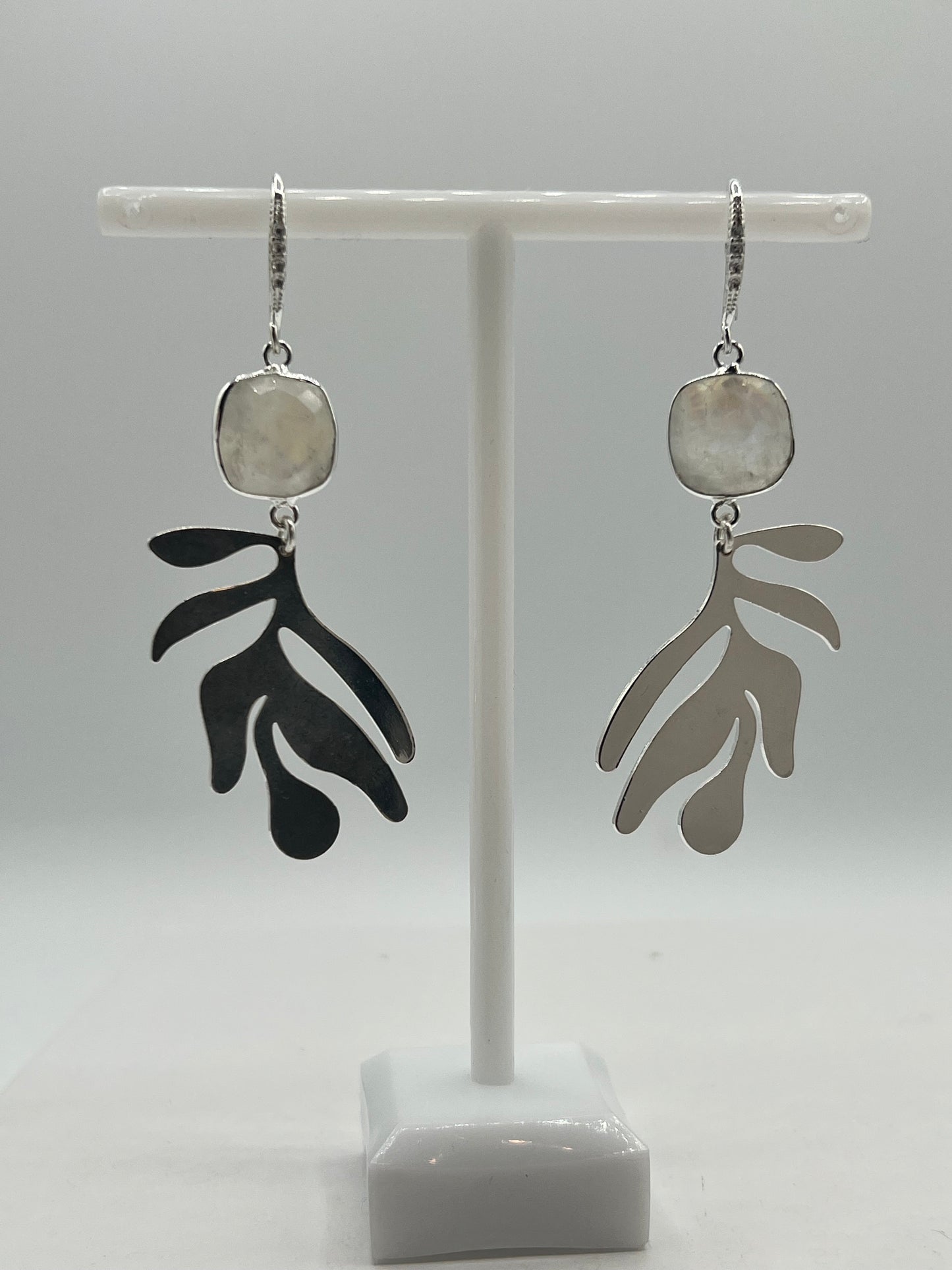 Silver Gemstone Earring, rainbow Moonstone Cushion Cut Stone with Large Polished Silver Leaf Charm