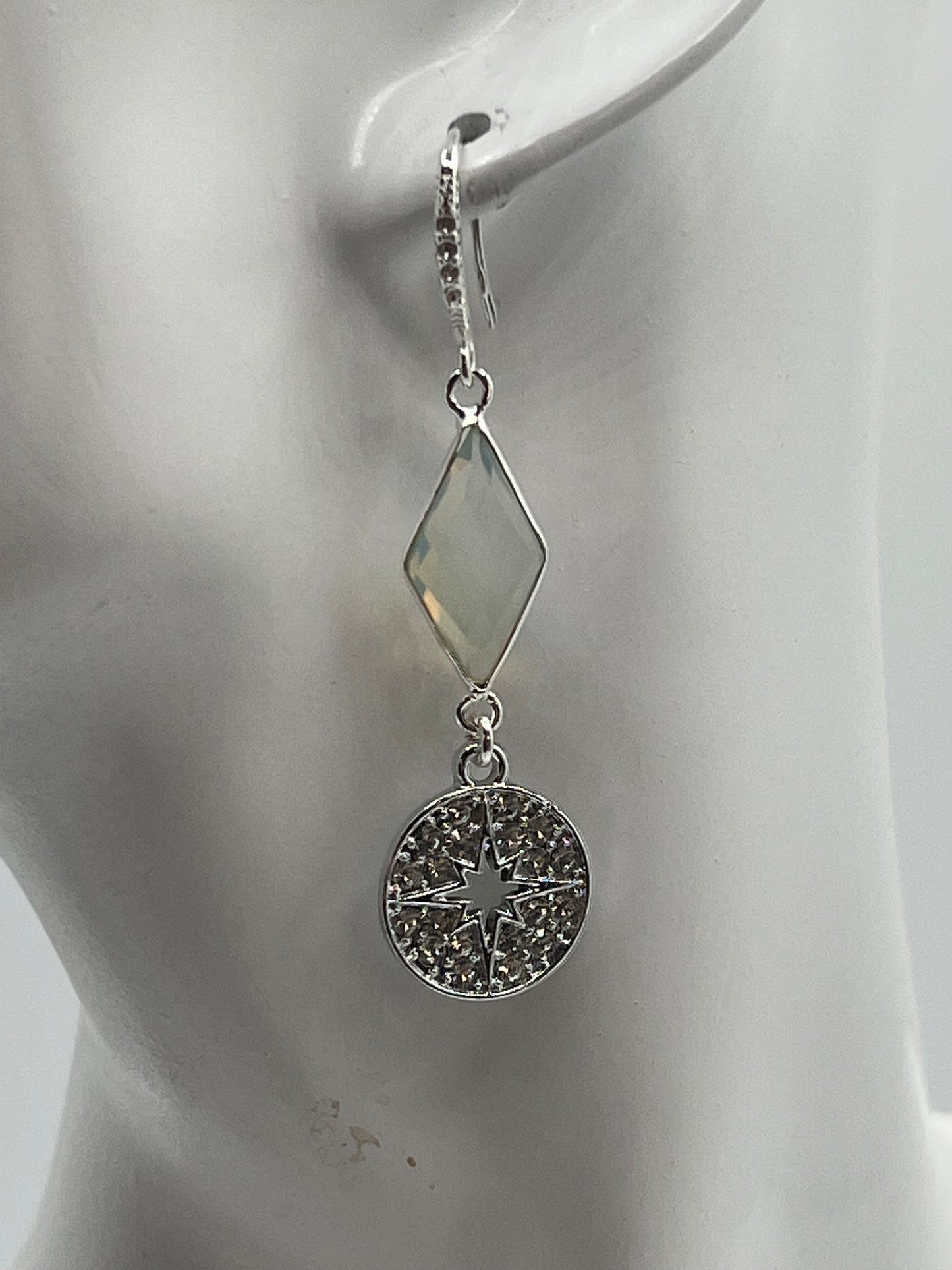 Silver Gemstone Earring with Opalite Diamond and Pave Star Charm